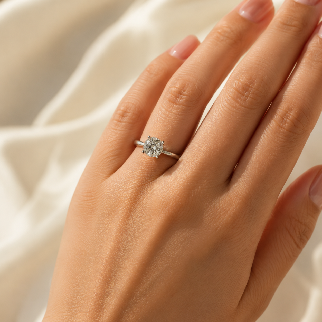 Elmivra 1.01ct round lab-grown diamond solitaire ring in 18K white gold worn on hand