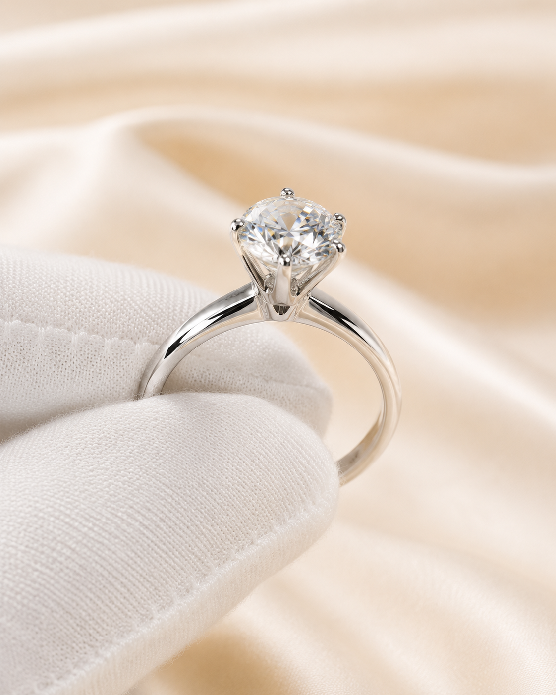 Essential Six-Prong round lab-grown diamond ring angle view in 18K white gold