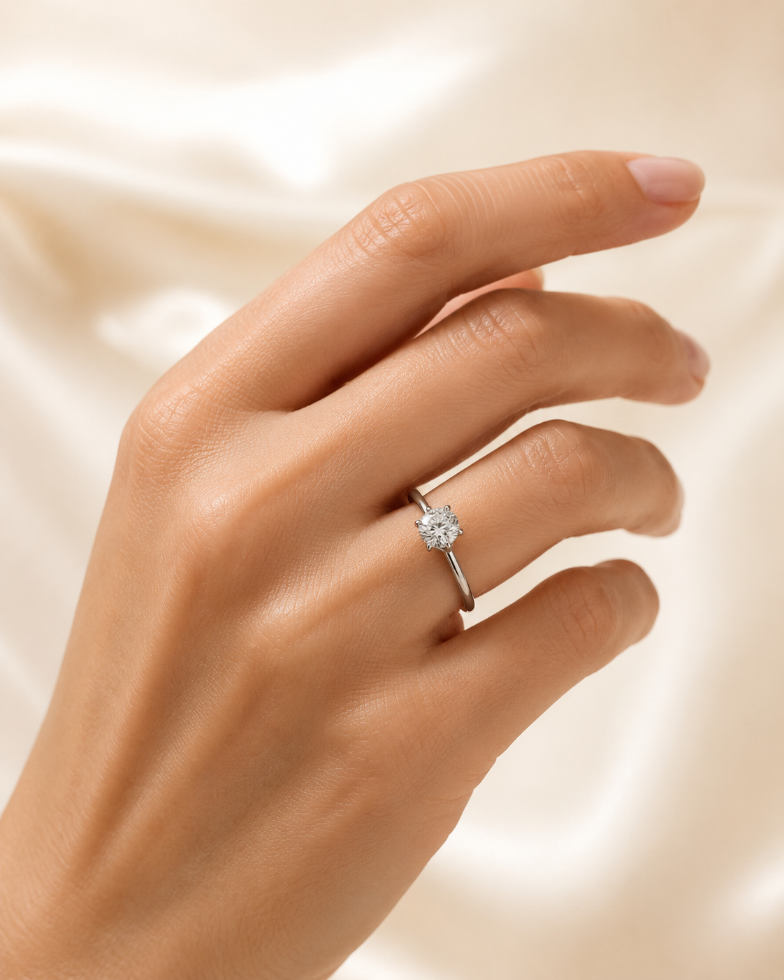 Essential Six-Prong 1 carat round lab-grown diamond ring on model hand