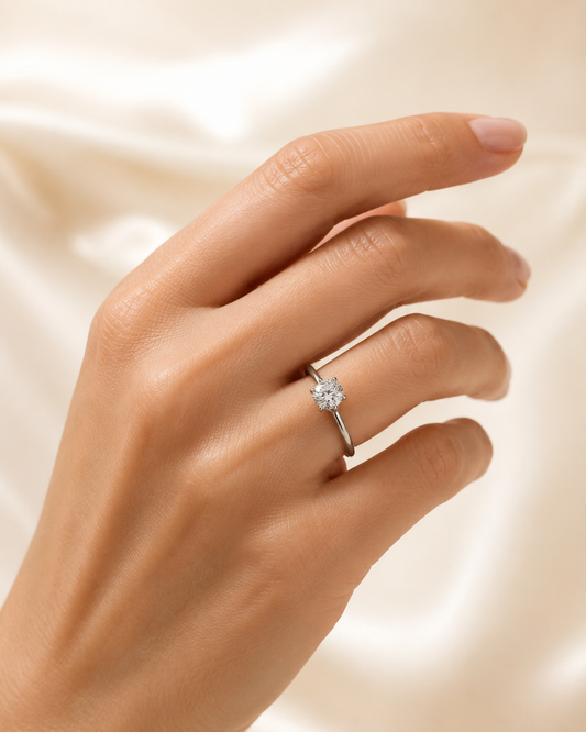 Essential Six-Prong 1 carat round lab-grown diamond ring on model hand