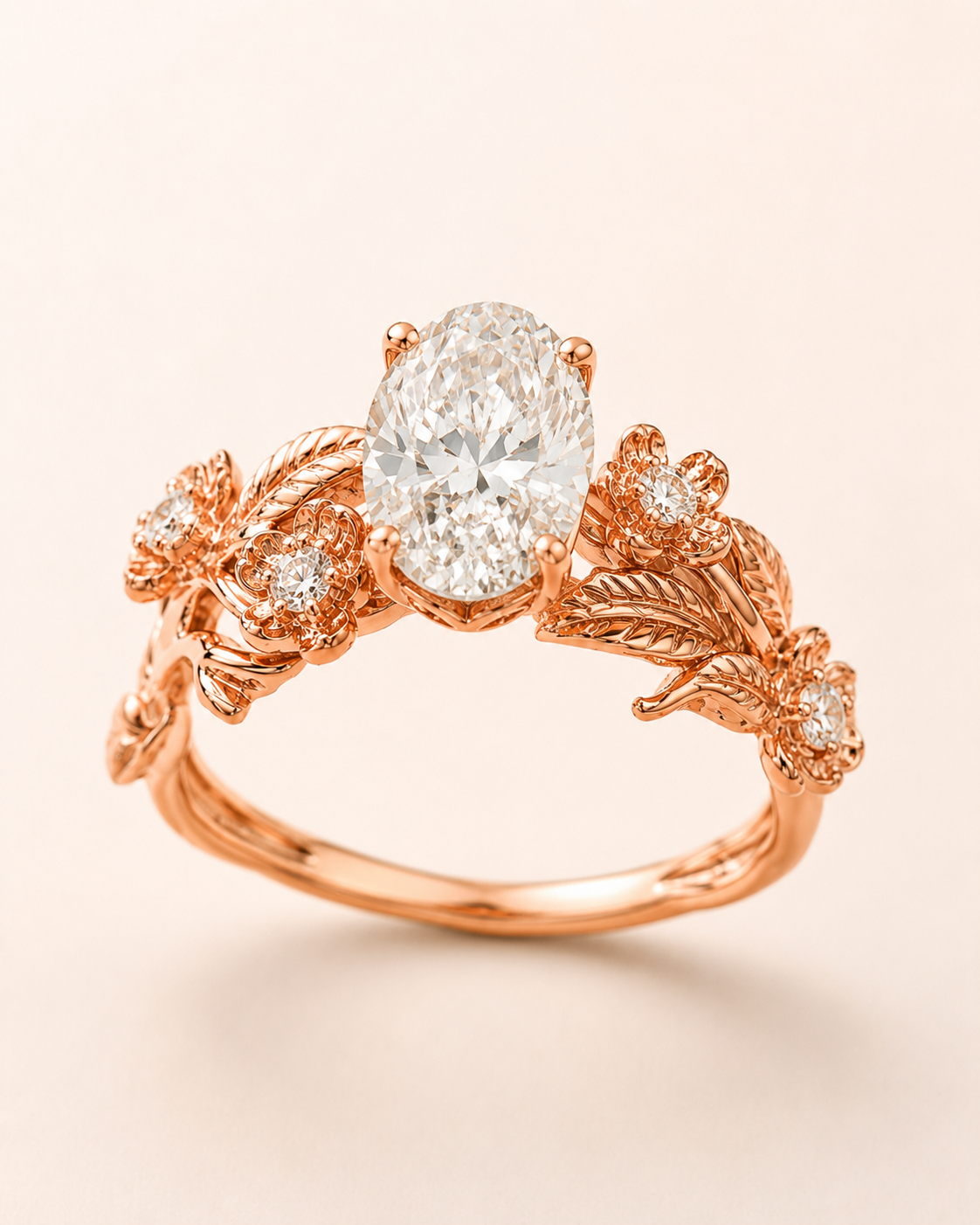 Elmivra Floral Vine 1.5 carat oval lab-grown diamond ring in 18K rose gold angle