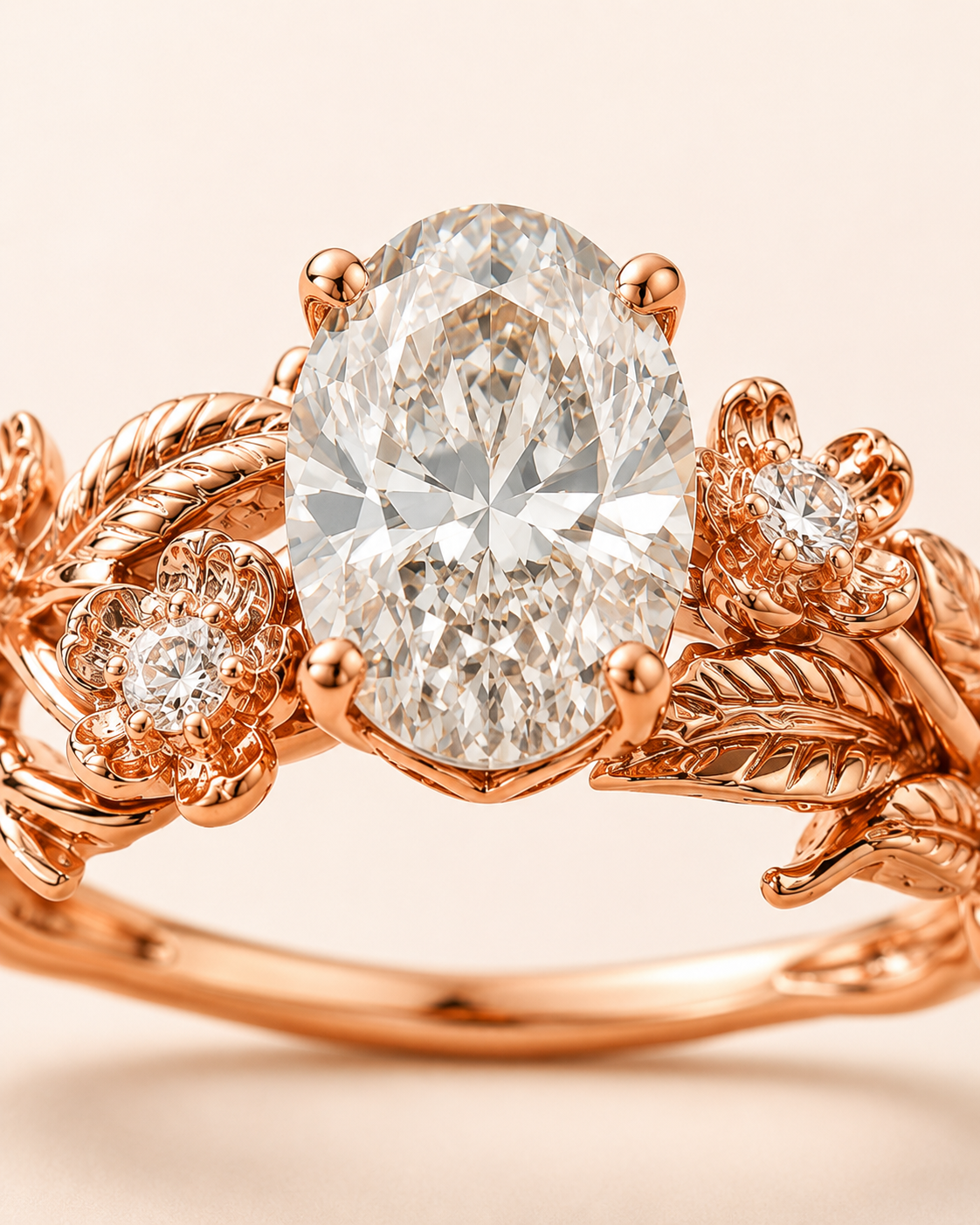 Elmivra Floral Vine 1.5 carat oval lab-grown diamond ring in 18K rose gold closeup