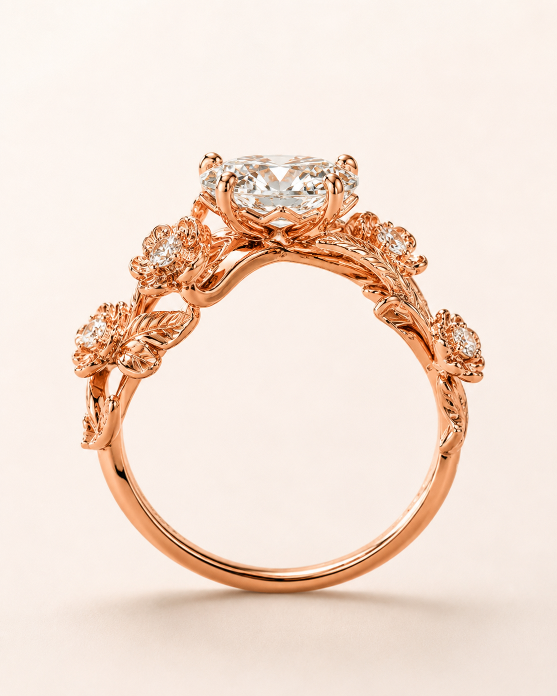 Elmivra Floral Vine 1.5 carat oval lab-grown diamond ring in 18K rose gold side