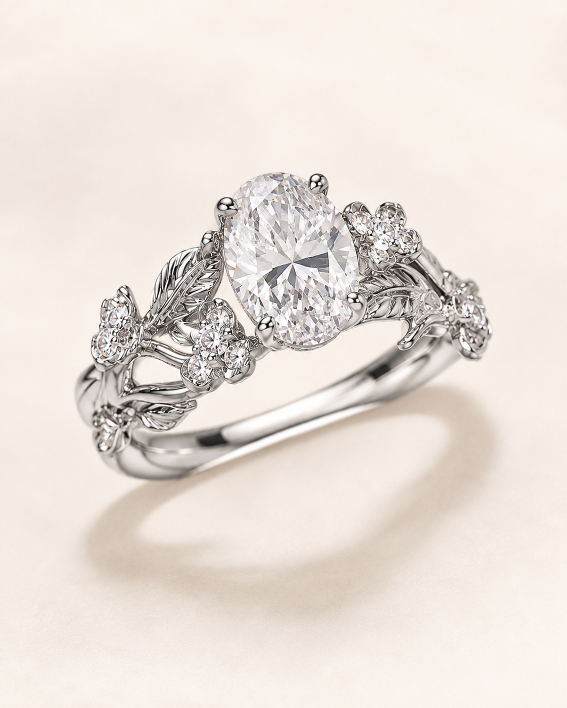 Elmivra Floral Vine 1.5 carat oval lab-grown diamond ring in 18K white gold angle