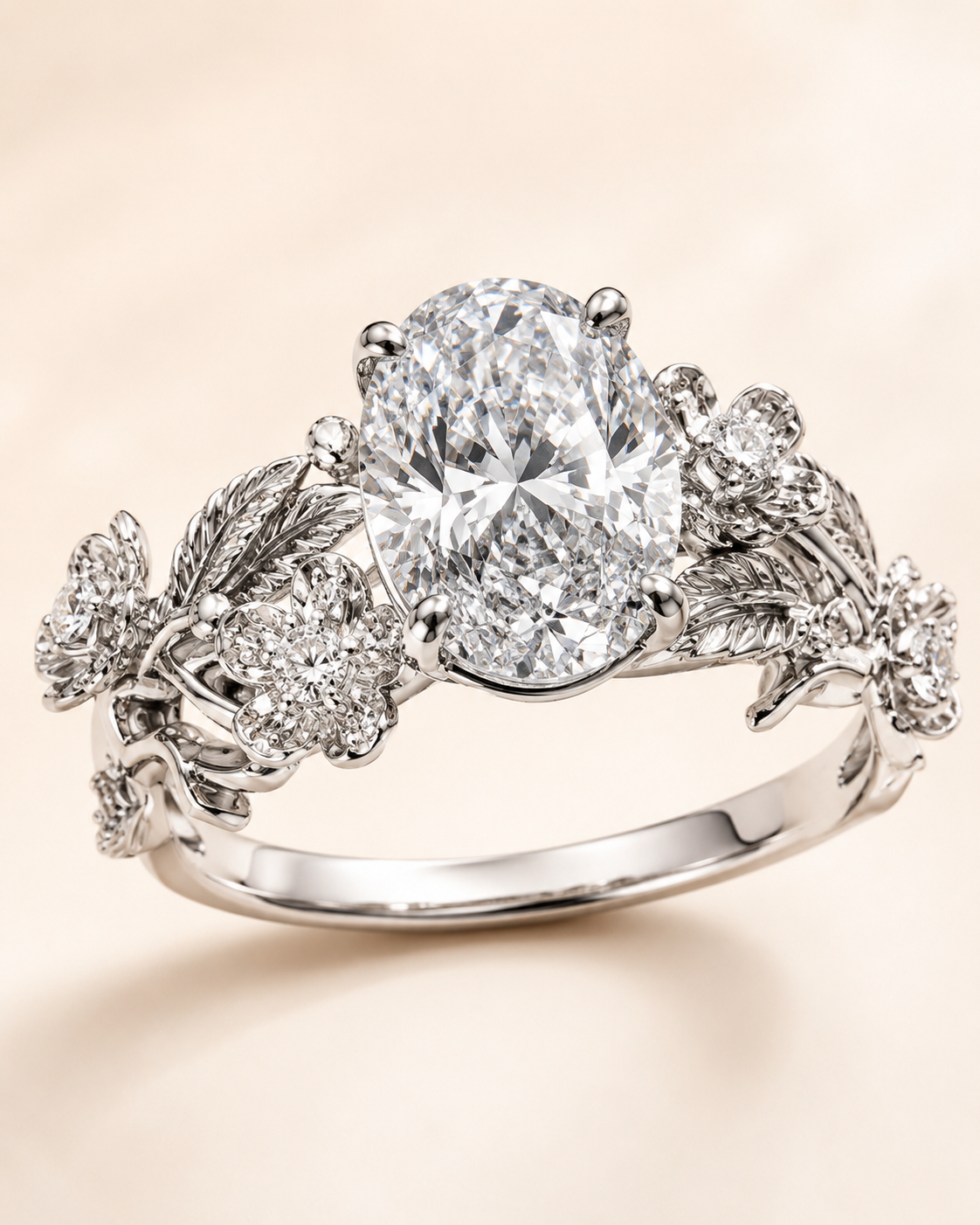 Elmivra Floral Vine 1.5 carat oval lab-grown diamond ring in 18K white gold closeup