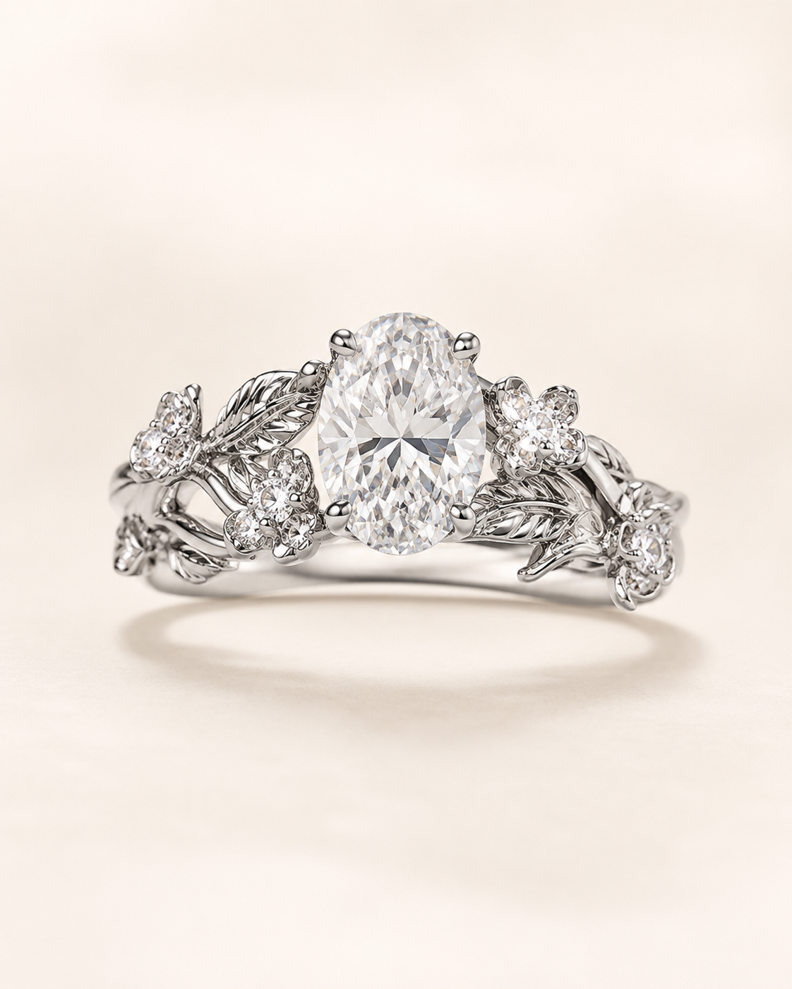 Elmivra Floral Vine 1.5 carat oval lab-grown diamond ring in 18K white gold main