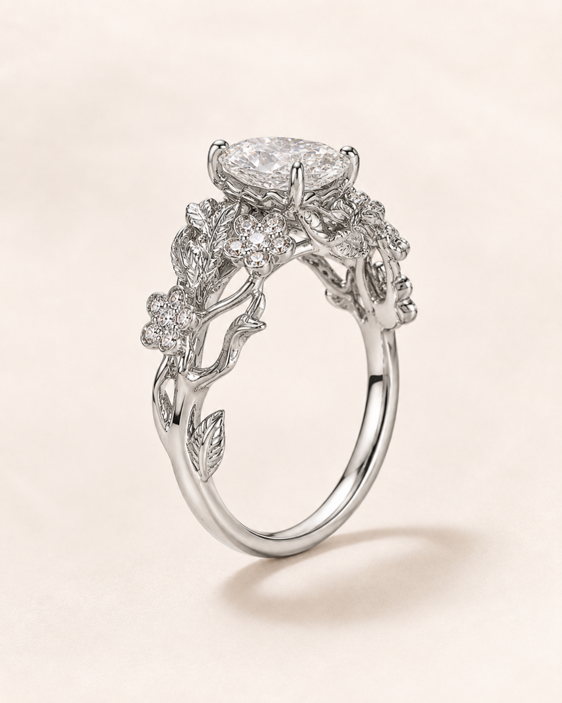 Elmivra Floral Vine 1.5 carat oval lab-grown diamond ring in 18K white gold side