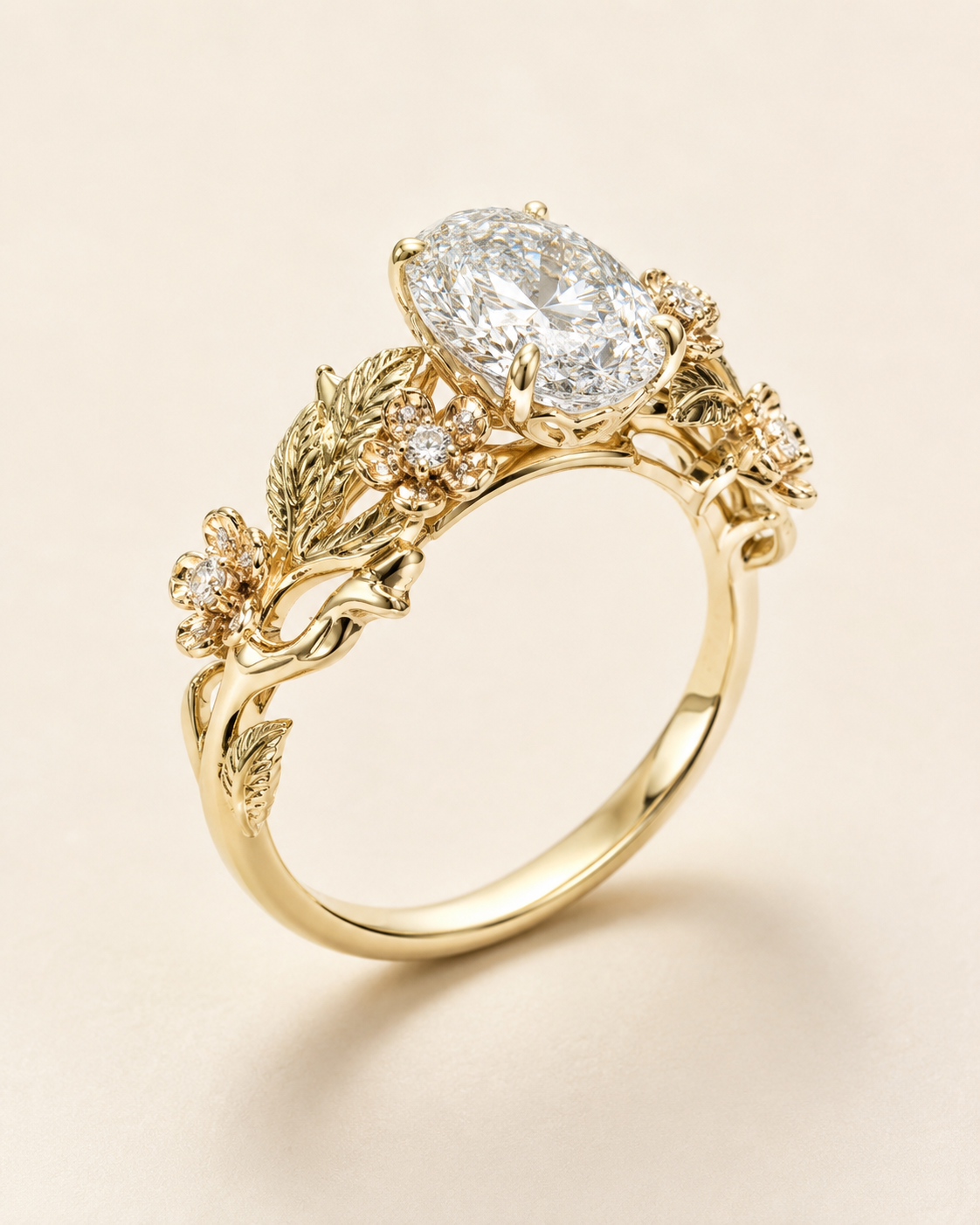 Elmivra Floral Vine 1.5 carat oval lab-grown diamond ring in 18K yellow gold angle