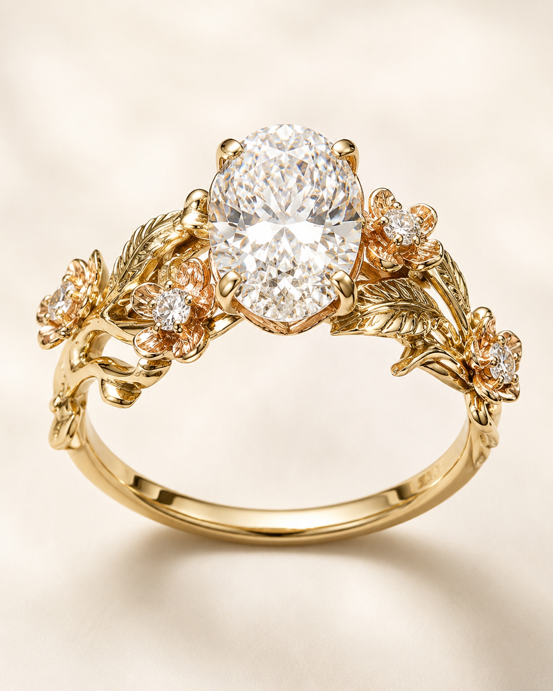 Elmivra Floral Vine 1.5 carat oval lab-grown diamond ring in 18K yellow gold closeup