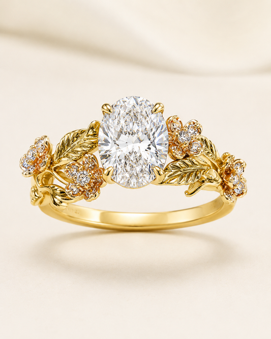 Elmivra Floral Vine 1.5 carat oval lab-grown diamond ring in 18K Yellow Gold main