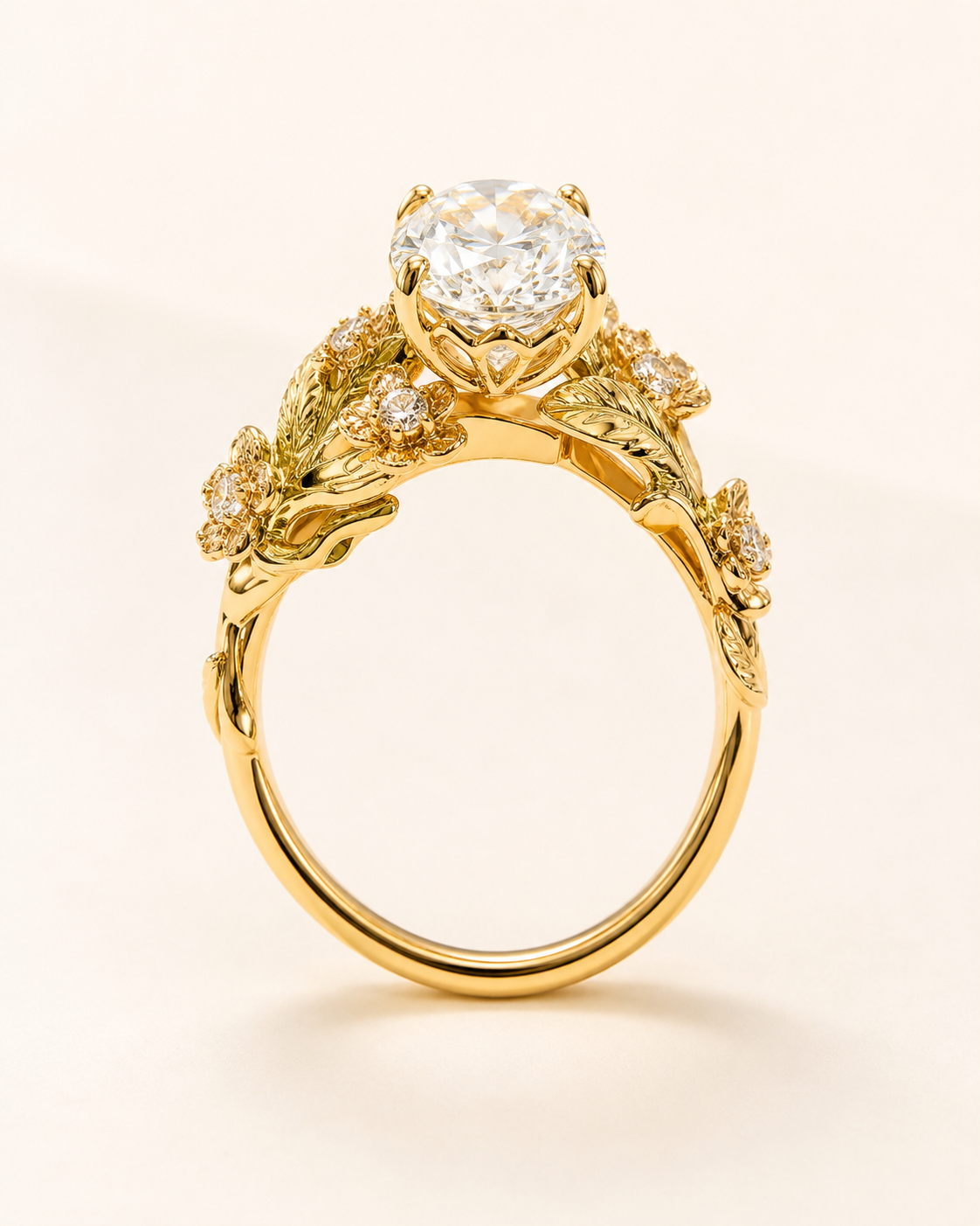 Elmivra Floral Vine 1.5 carat oval lab-grown diamond ring in 18K yellow gold side