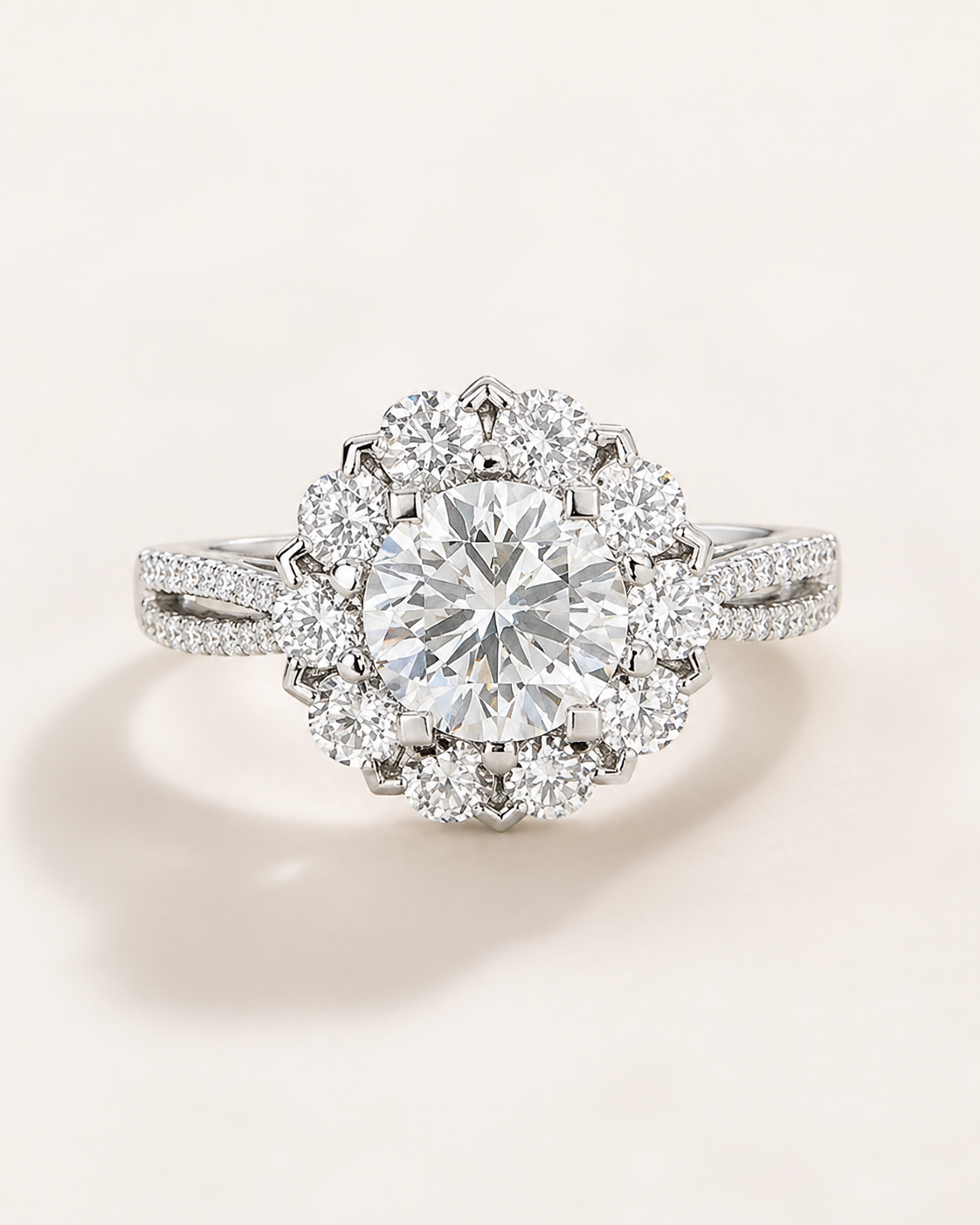Angled view of Elmivra Halo Bloom diamond ring in 18K white gold