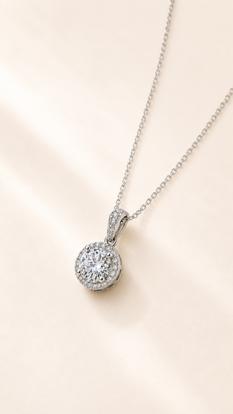 Angled view of Halo Bloom lab-grown diamond pendant