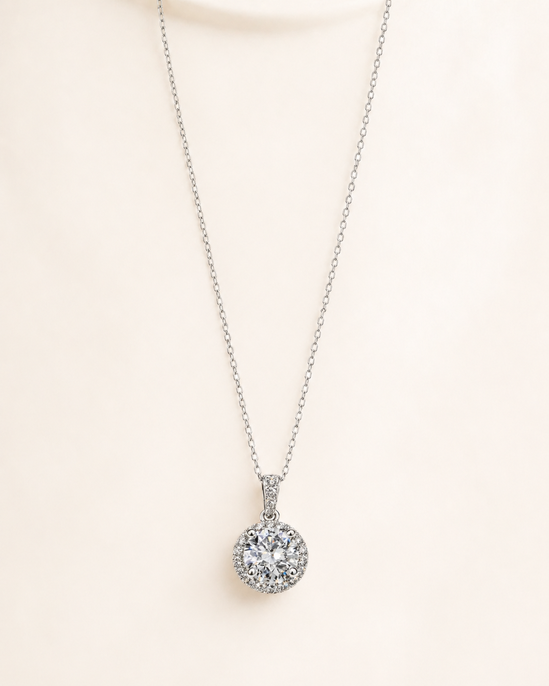 Full chain view of Halo Bloom pendant necklace