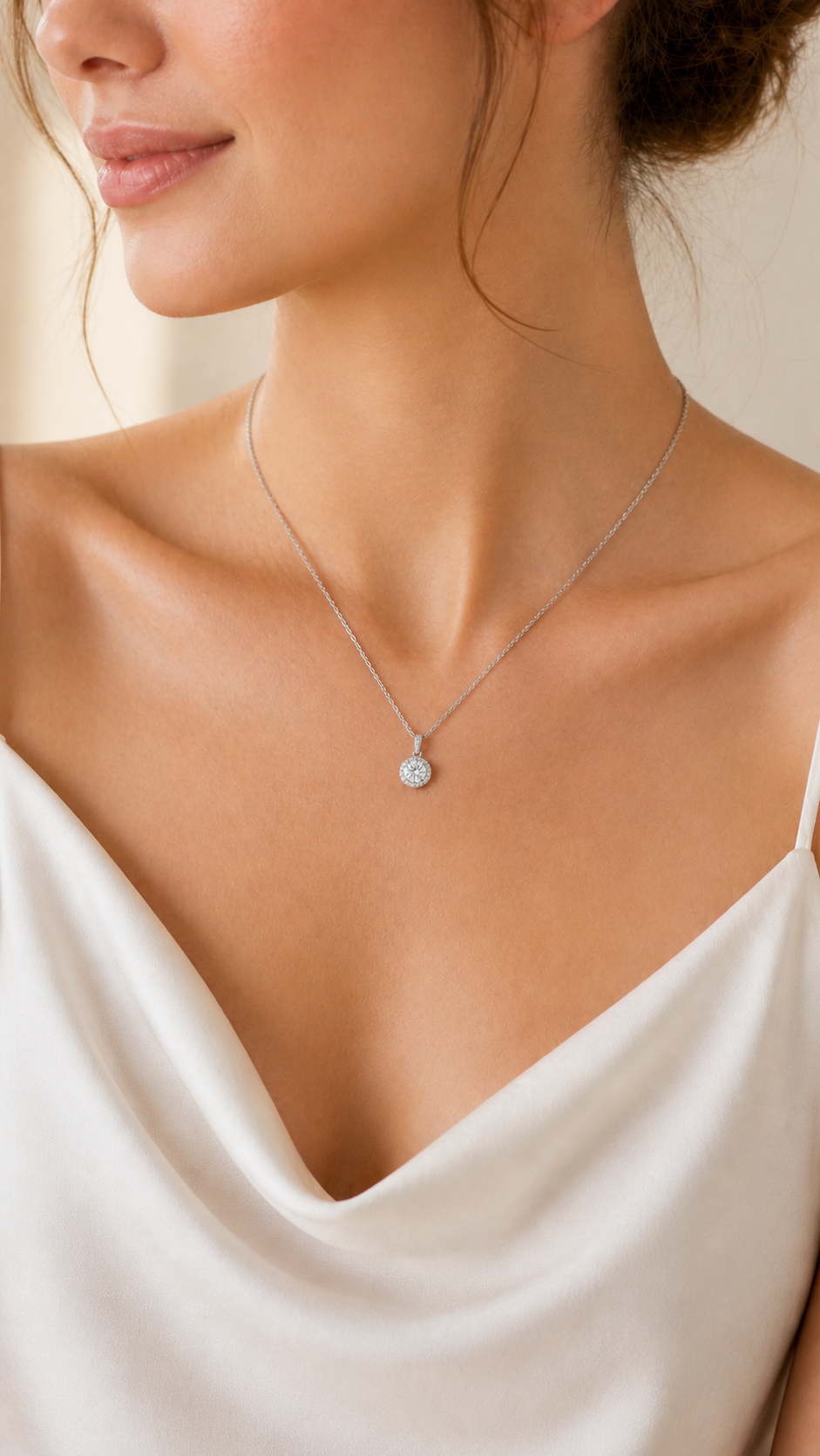 Model wearing Halo Bloom lab-grown diamond pendant necklace