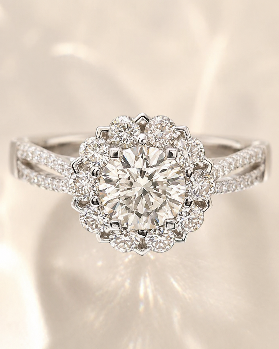 Front view of Halo Bloom 1 carat round lab-grown diamond ring with floral halo