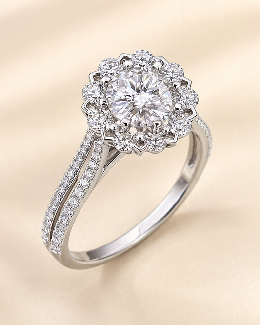 Elmivra Halo Bloom 1 carat round lab-grown diamond ring in 18K white gold