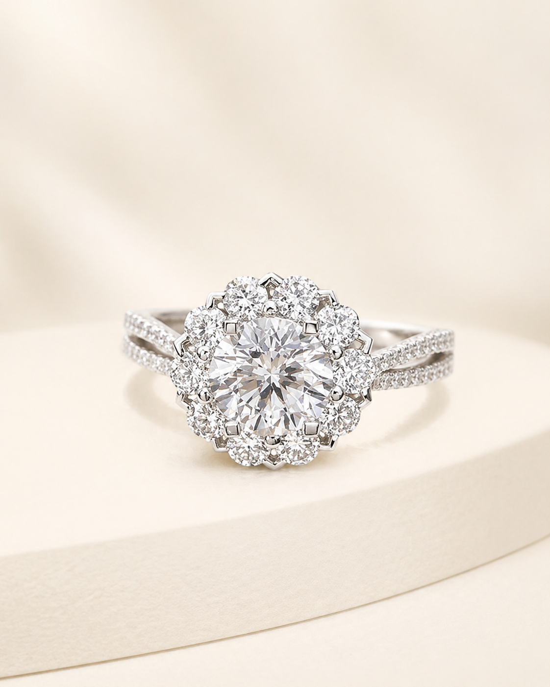 Lifestyle view of Elmivra floral halo lab-grown diamond ring