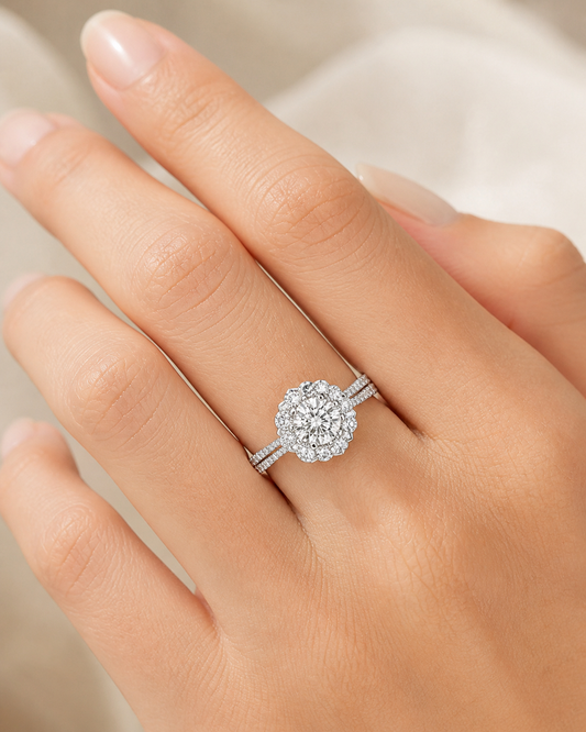 Model wearing Elmivra Halo Bloom round lab-grown diamond halo ring