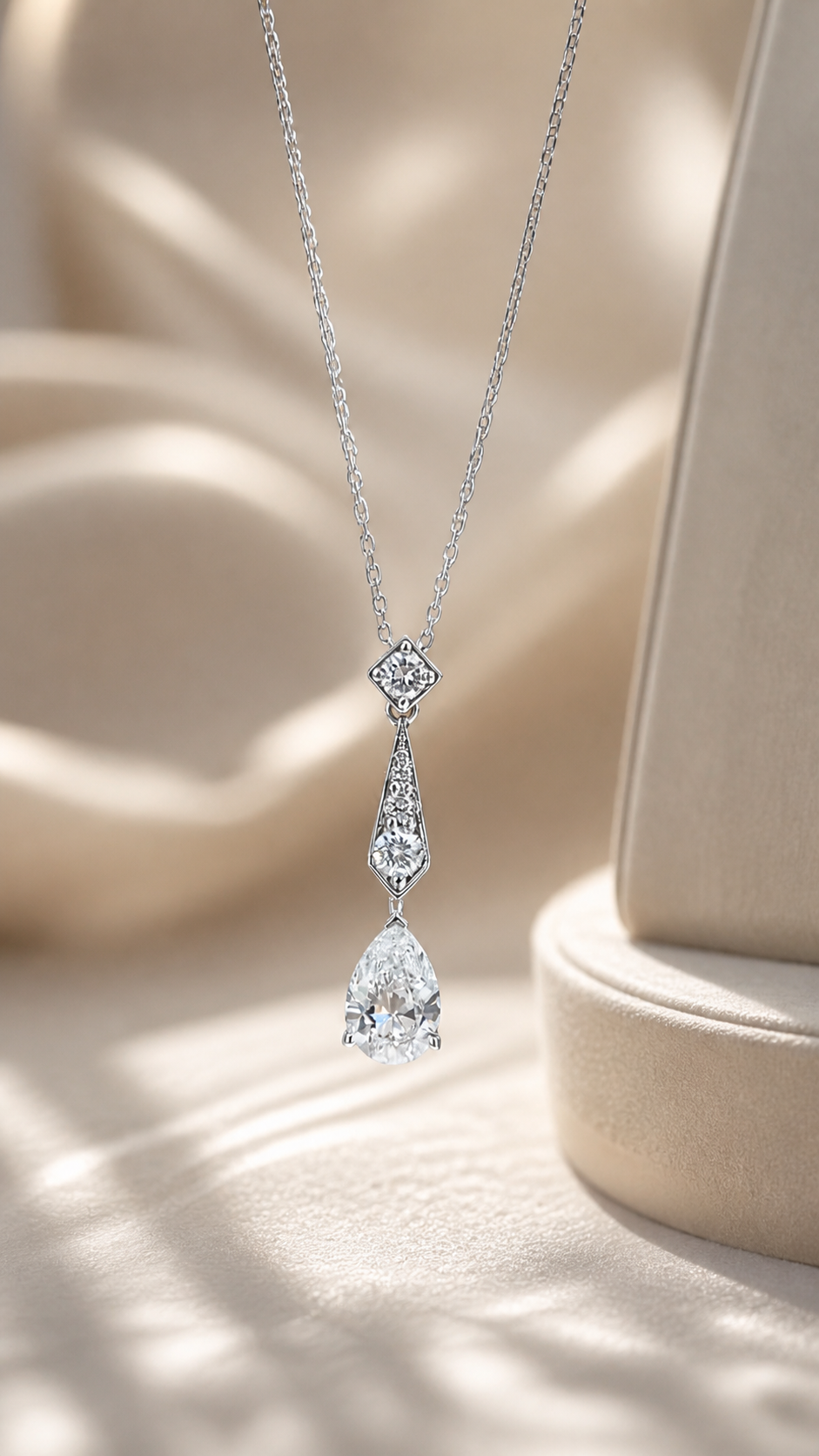 Chain and pavé connector detail of Lumière Drop diamond necklace
