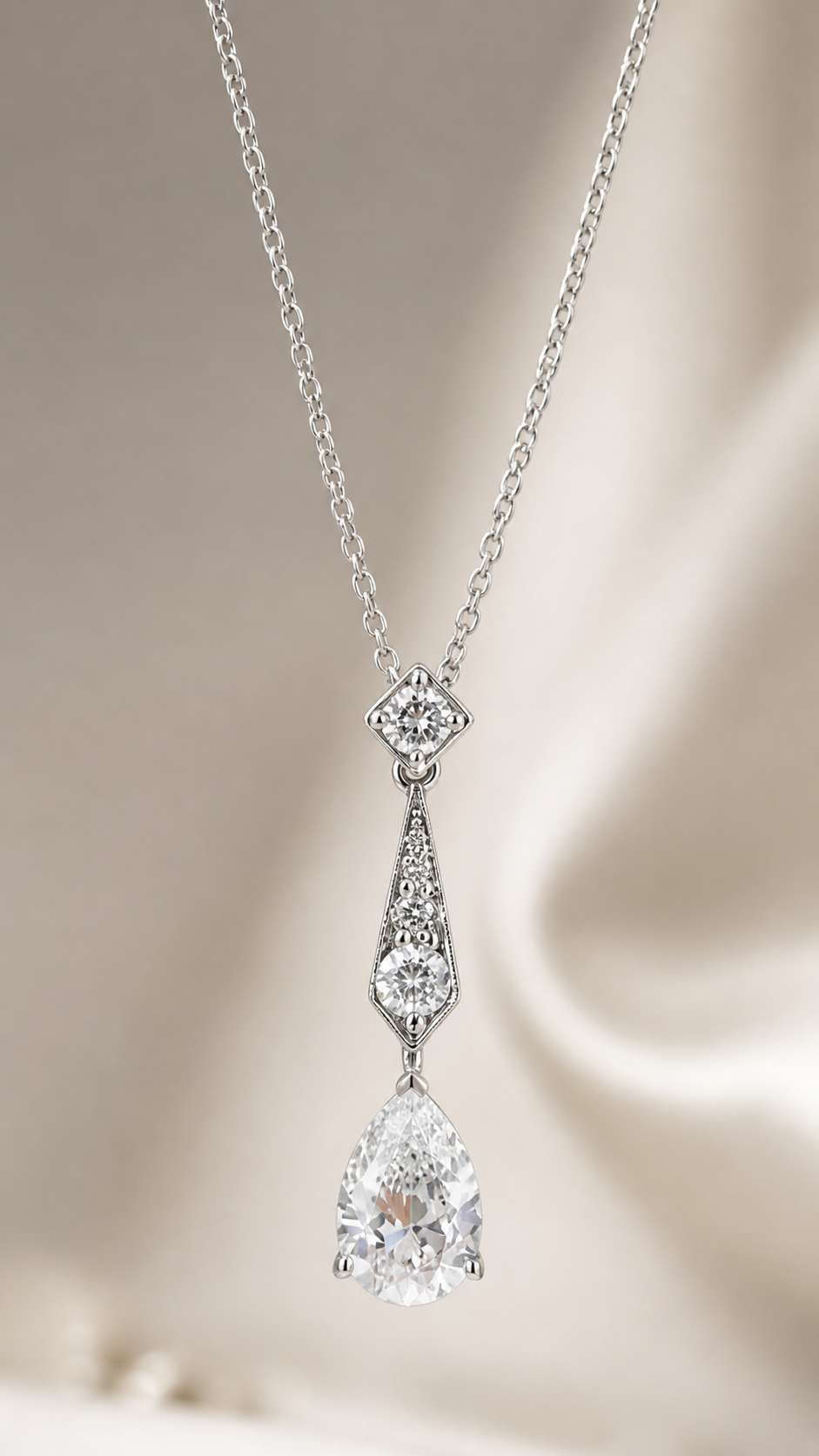 Lifestyle image of Lumière Drop pear lab-grown diamond necklace