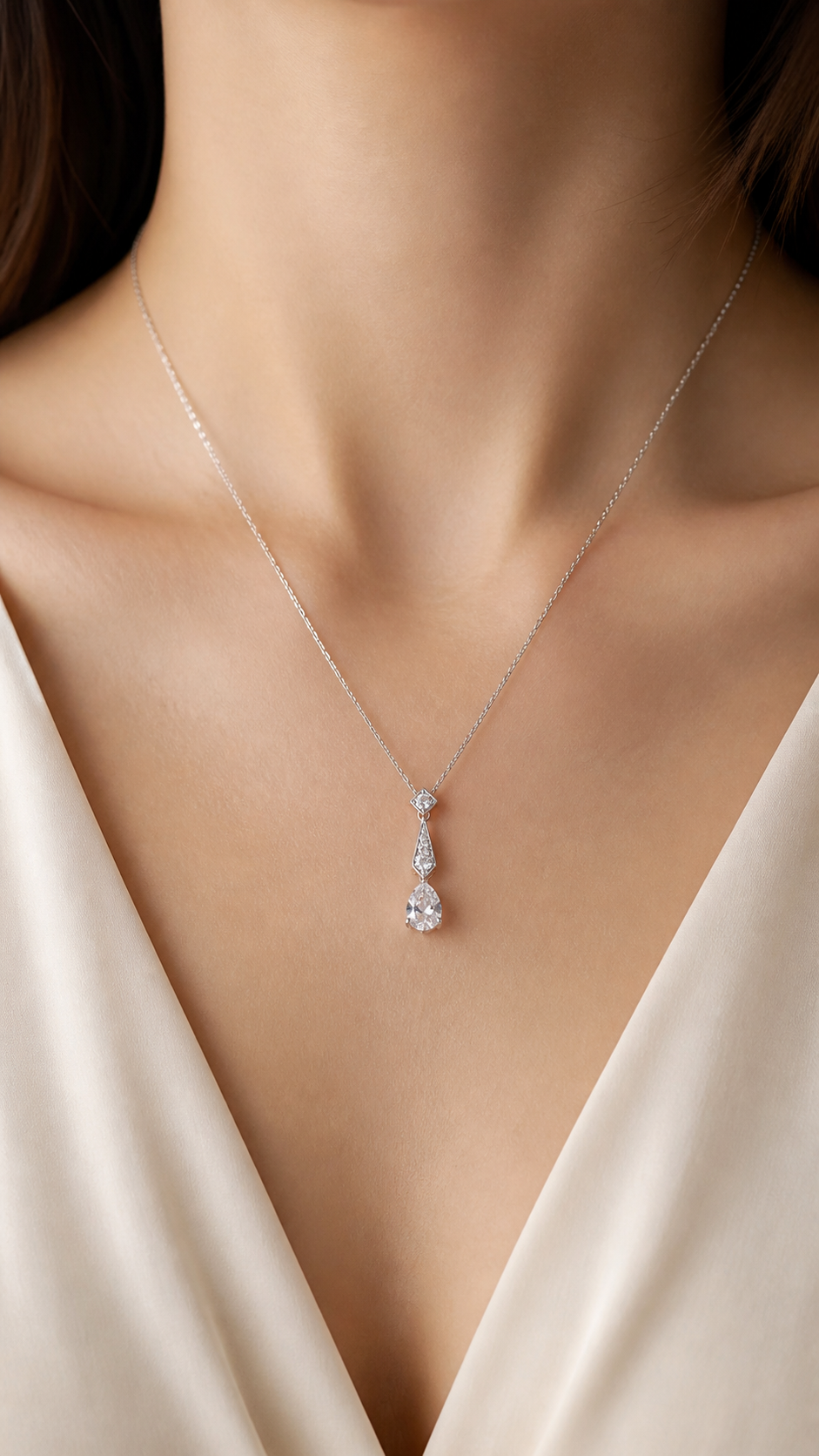 Model wearing Lumière Drop pear lab-grown diamond necklace