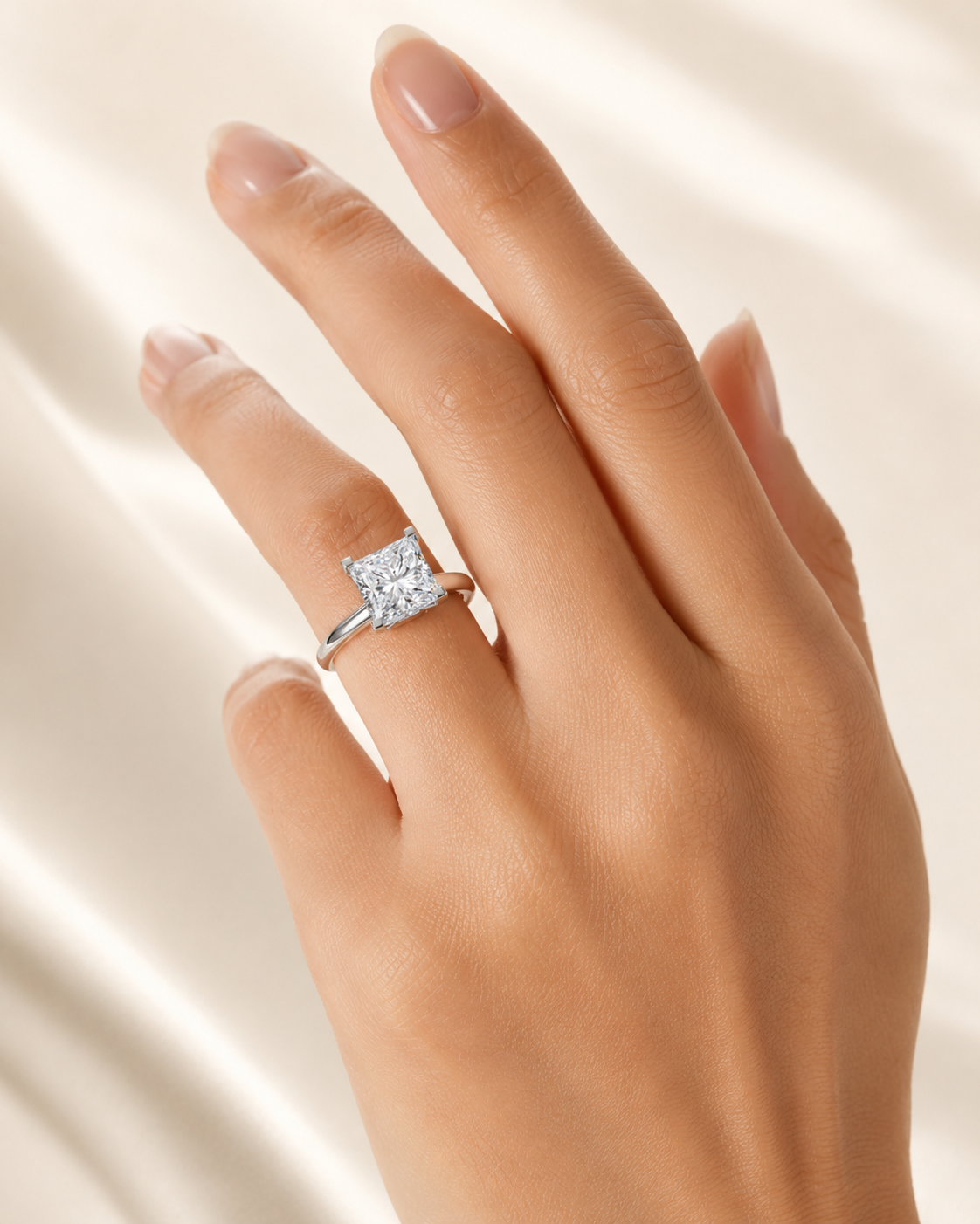 Lumière Princess 3 carat princess-cut lab-grown diamond ring on model hand