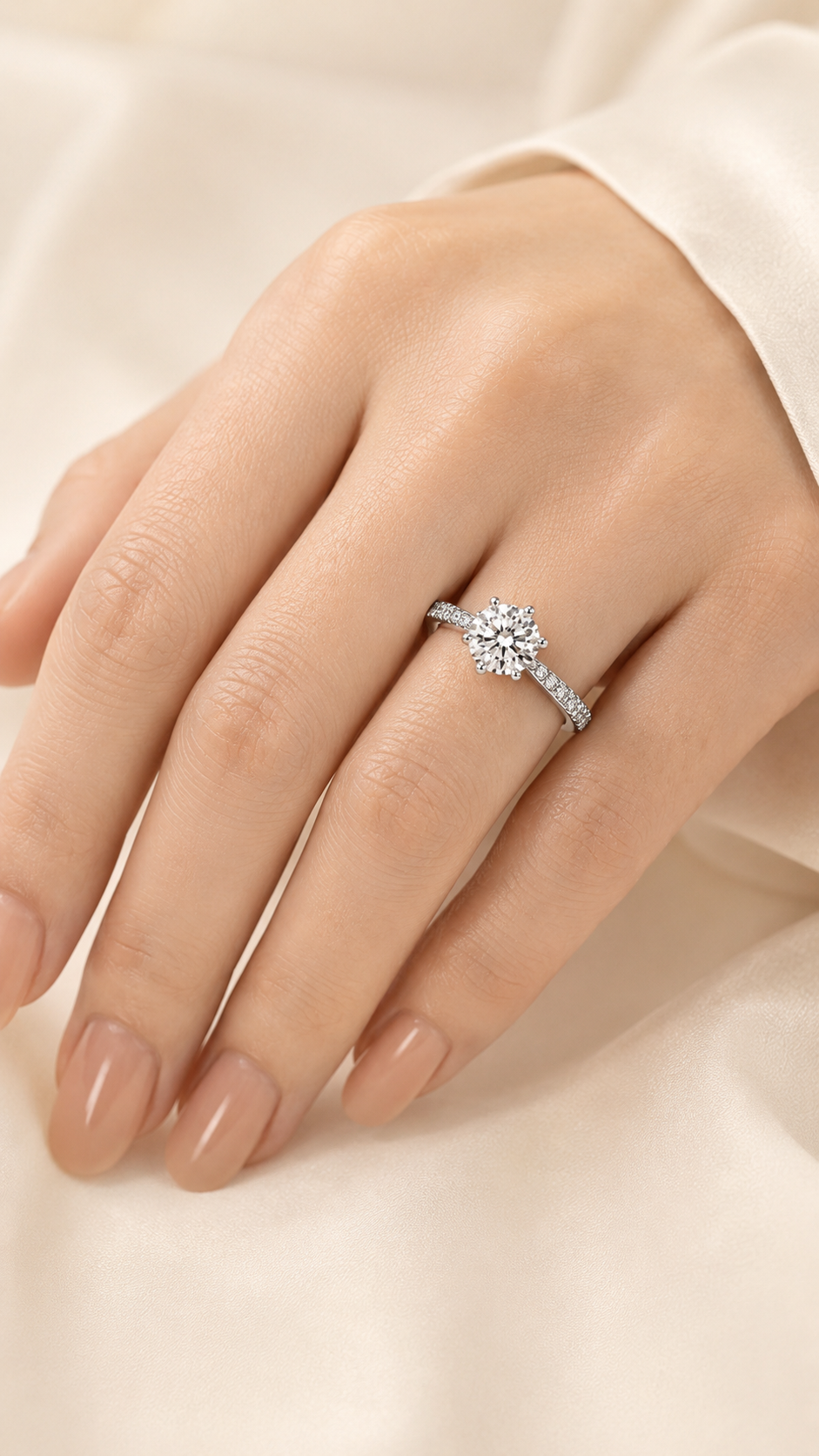 Lumière Six-Prong 1 carat round lab-grown diamond ring model wearing image