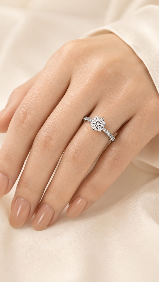 Lumière Six-Prong 1 carat round lab-grown diamond ring model wearing image