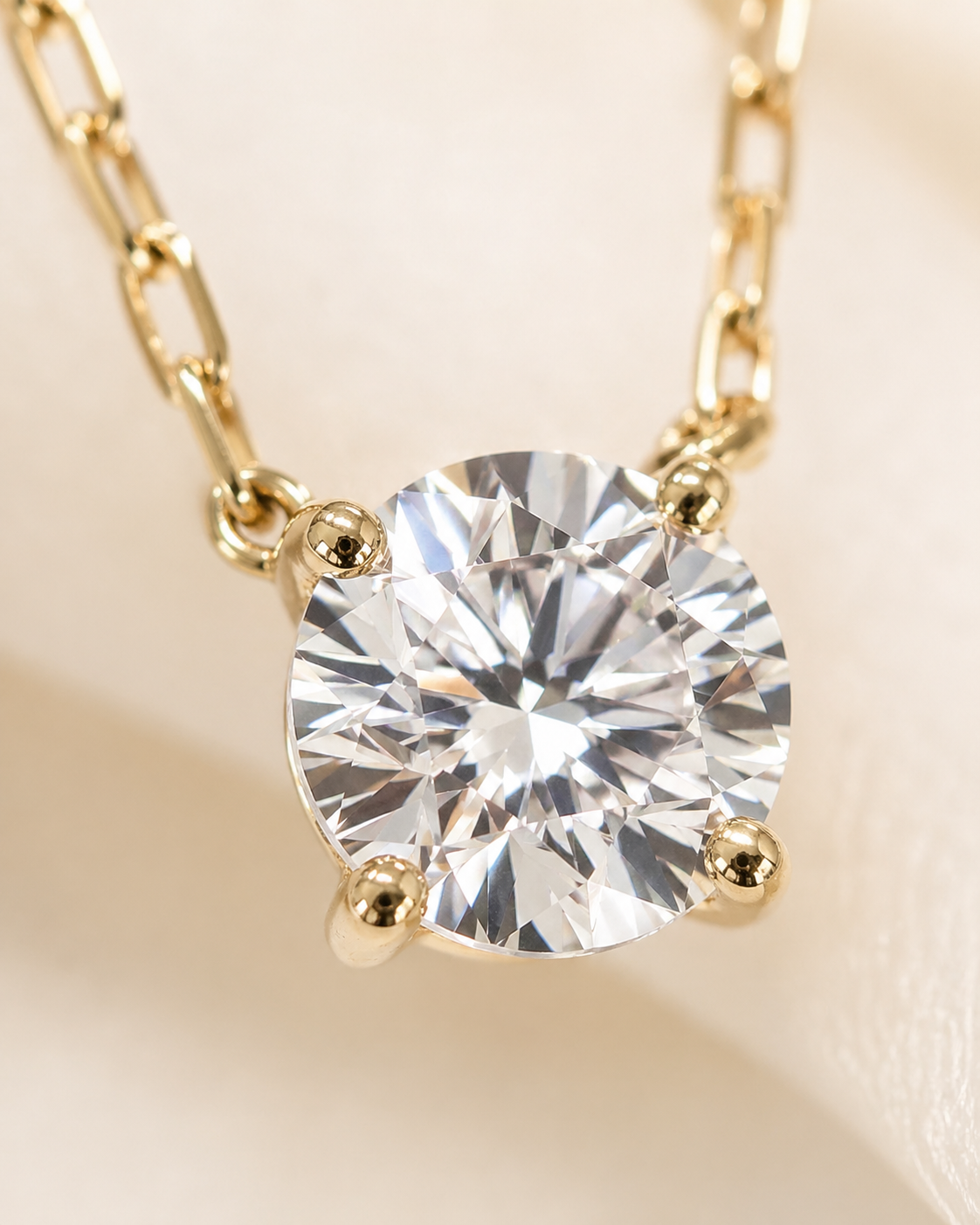 Close-up of 1 carat round lab-grown diamond pendant necklace in yellow gold