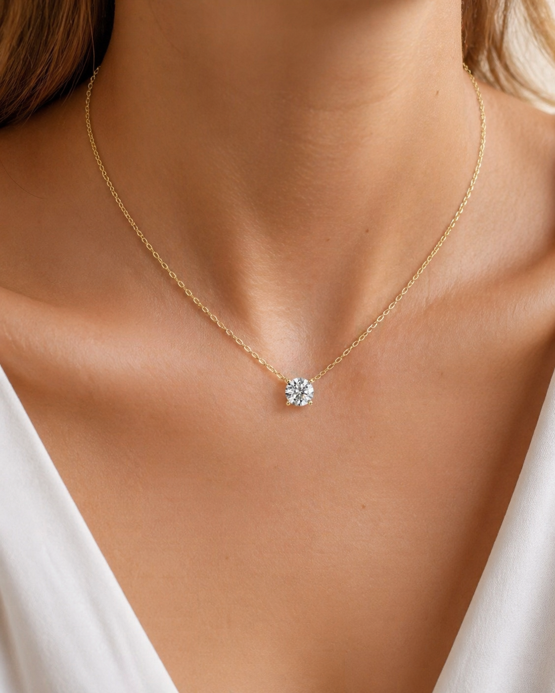 Lifestyle neckline view of Elmivra solitaire lab-grown diamond necklace
