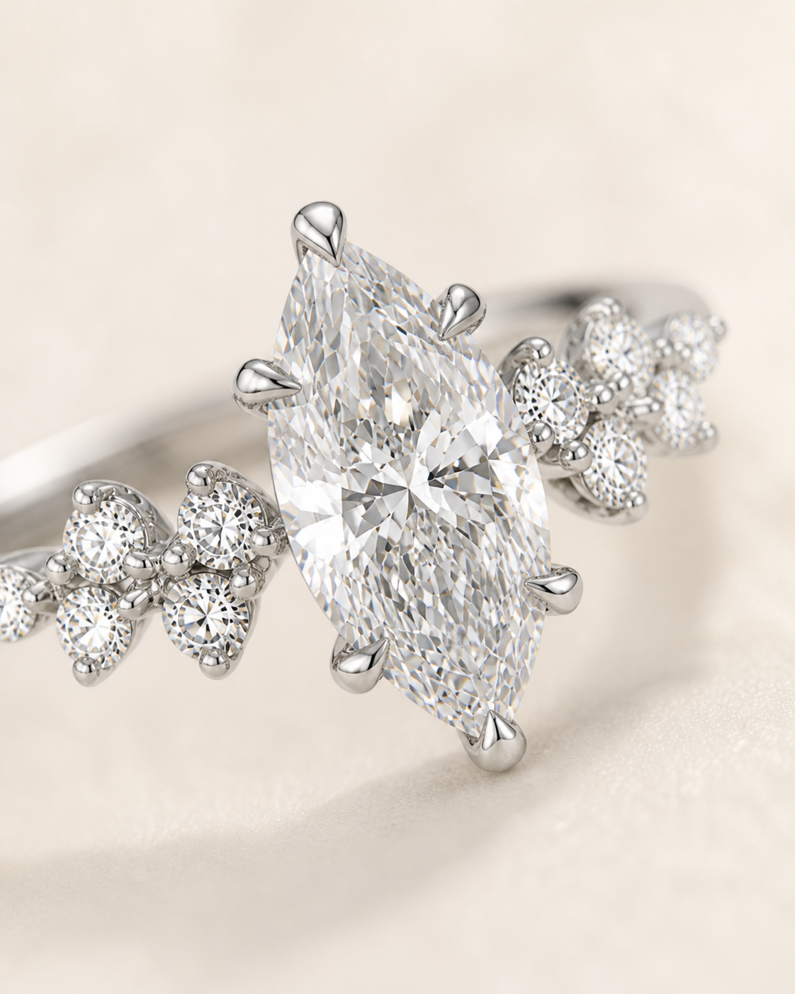 Angled view of Marquise Crown marquise diamond ring with floral side stones
