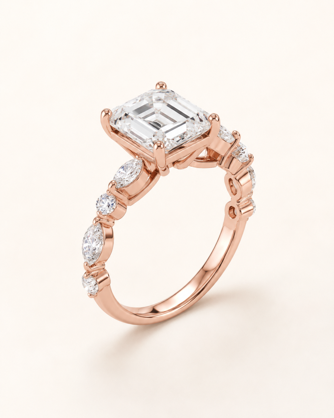 Elmivra Marquise Side Stone Asscher lab-grown diamond ring in 18K Rose Gold angle
