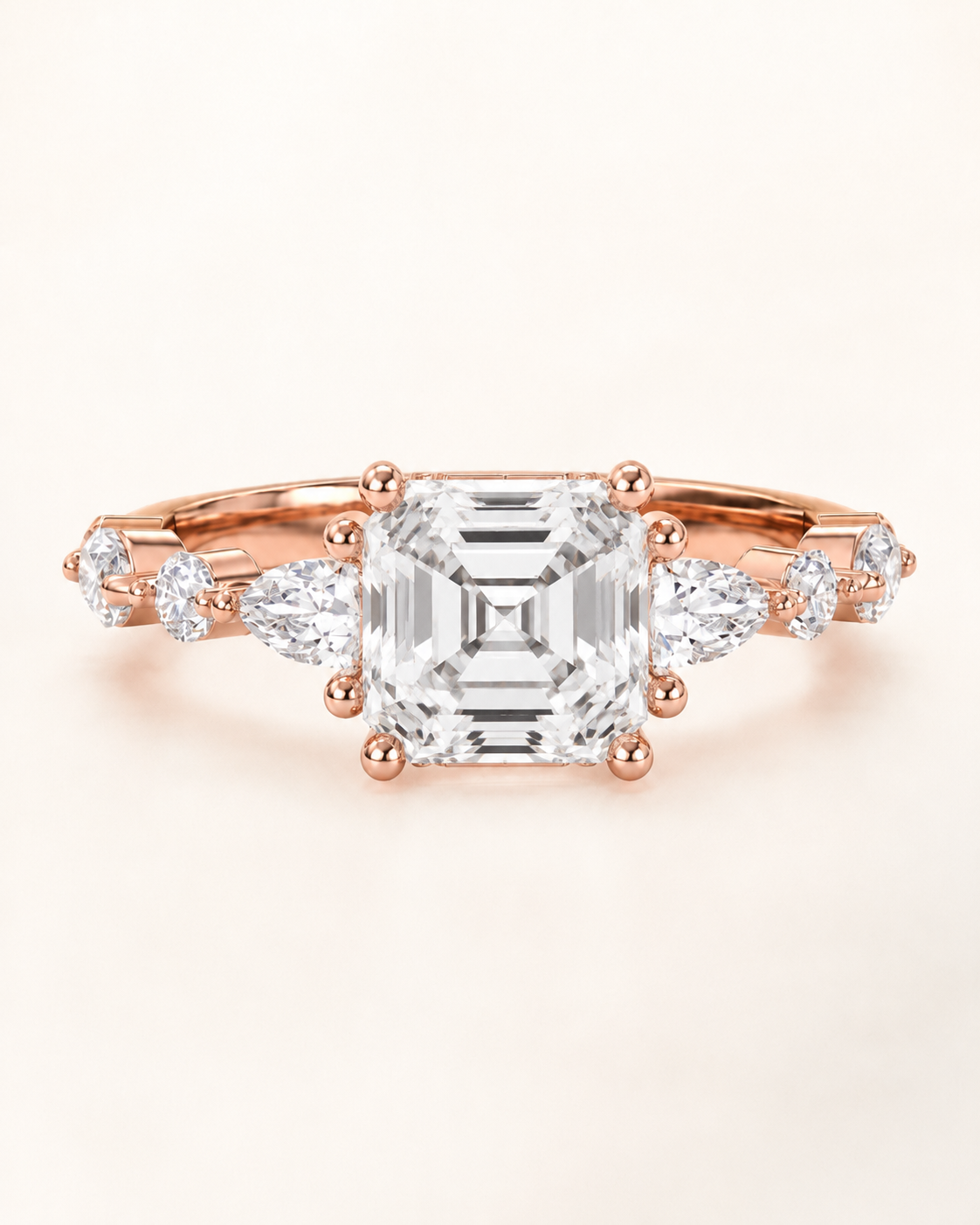 Elmivra Marquise Side Stone Asscher lab-grown diamond ring in 18K Rose Gold closeup