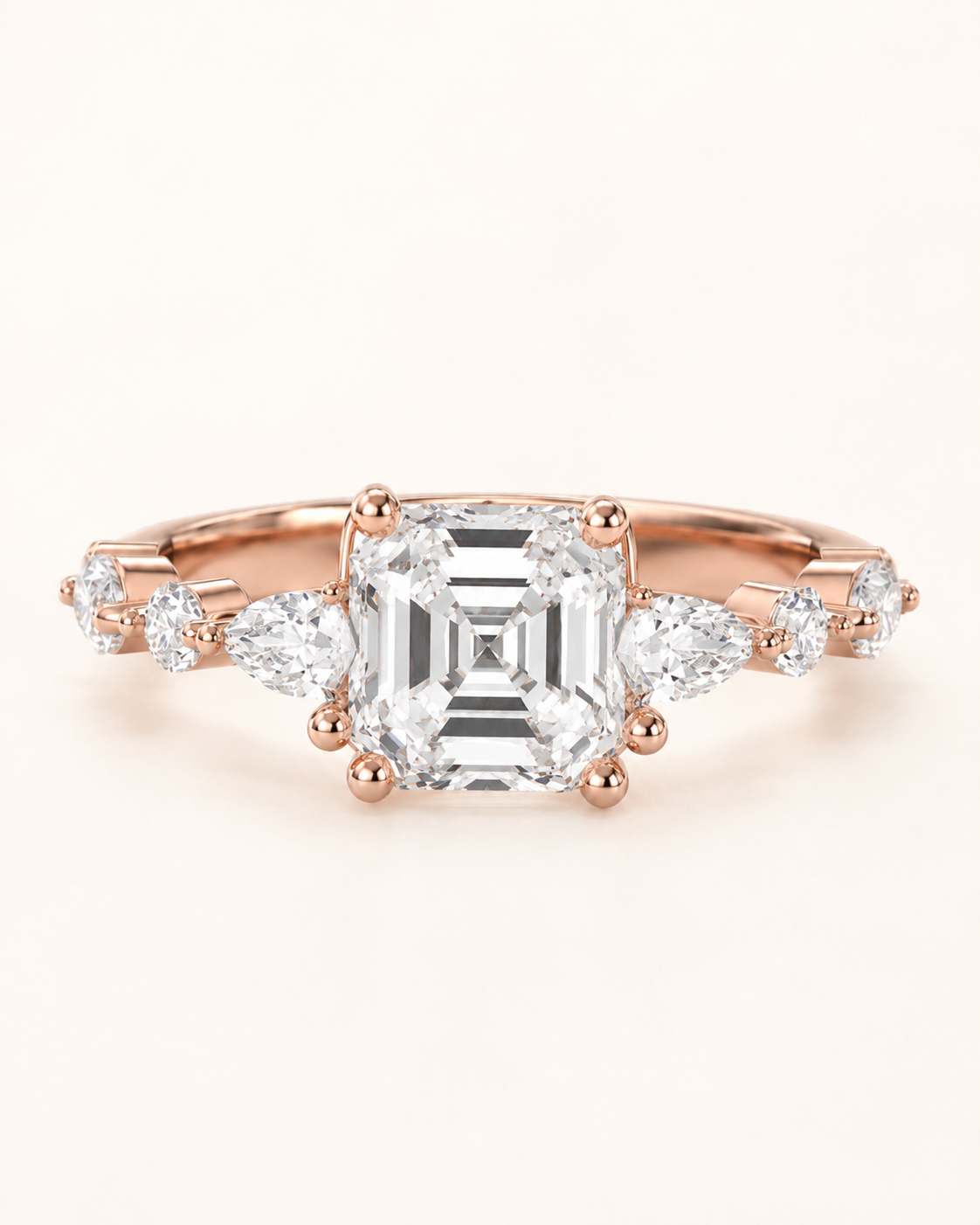 Elmivra Marquise Side Stone Asscher lab-grown diamond ring in 18K Rose Gold front