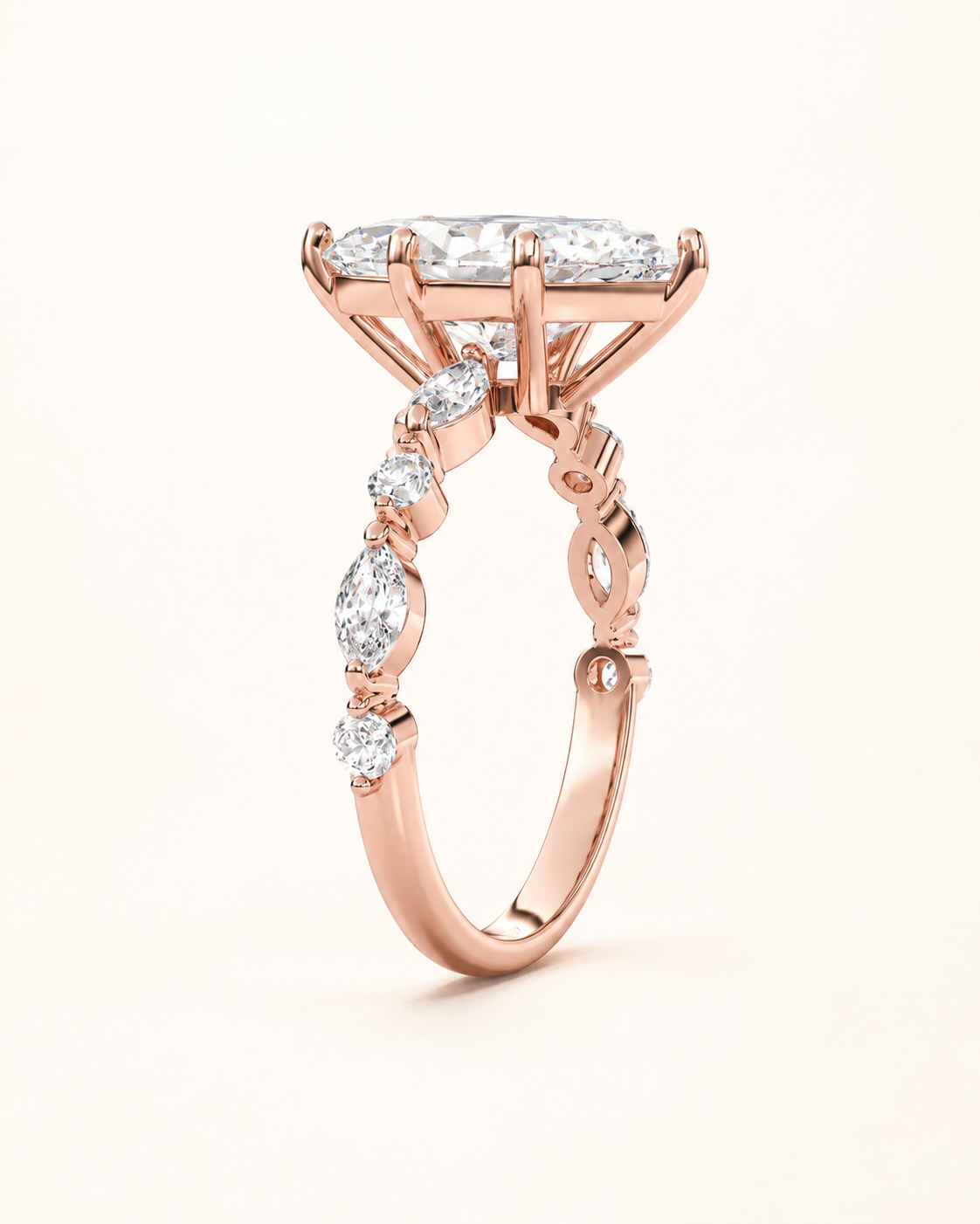 Elmivra Marquise Side Stone Asscher lab-grown diamond ring in 18K Rose Gold side