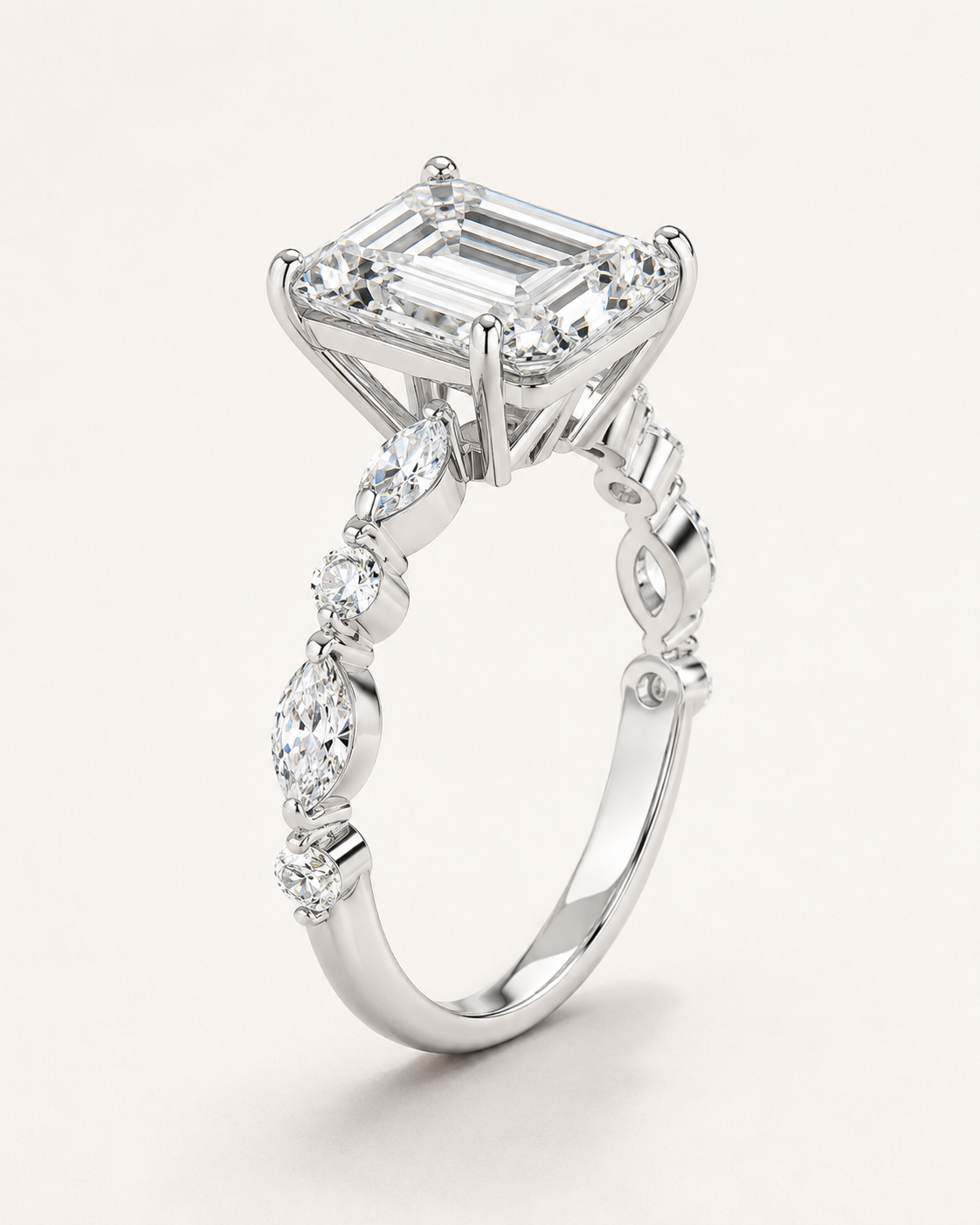 Elmivra Marquise Side Stone Asscher lab-grown diamond ring in 18K White Gold angle