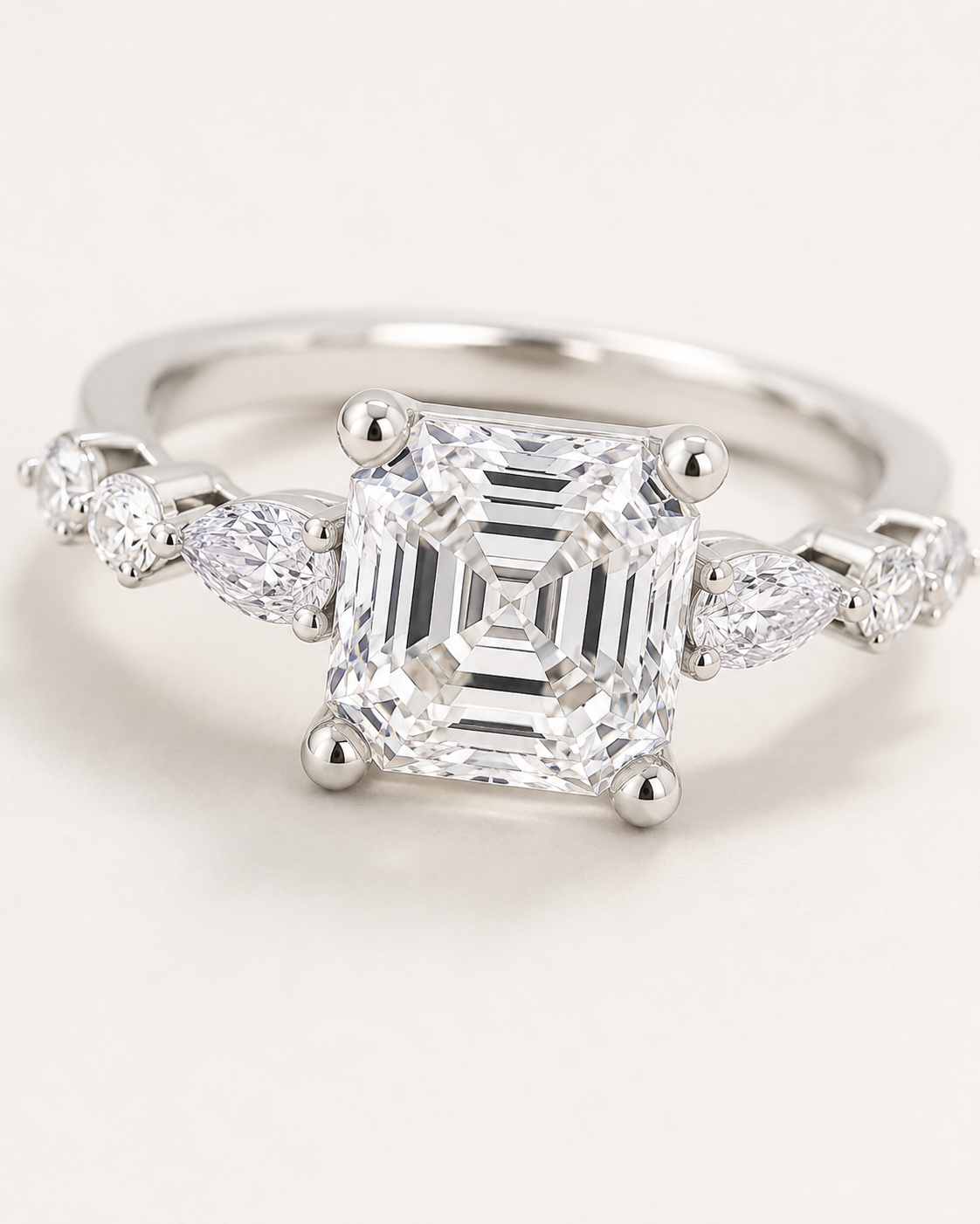 Elmivra Marquise Side Stone Asscher lab-grown diamond ring in 18K White Gold closeup