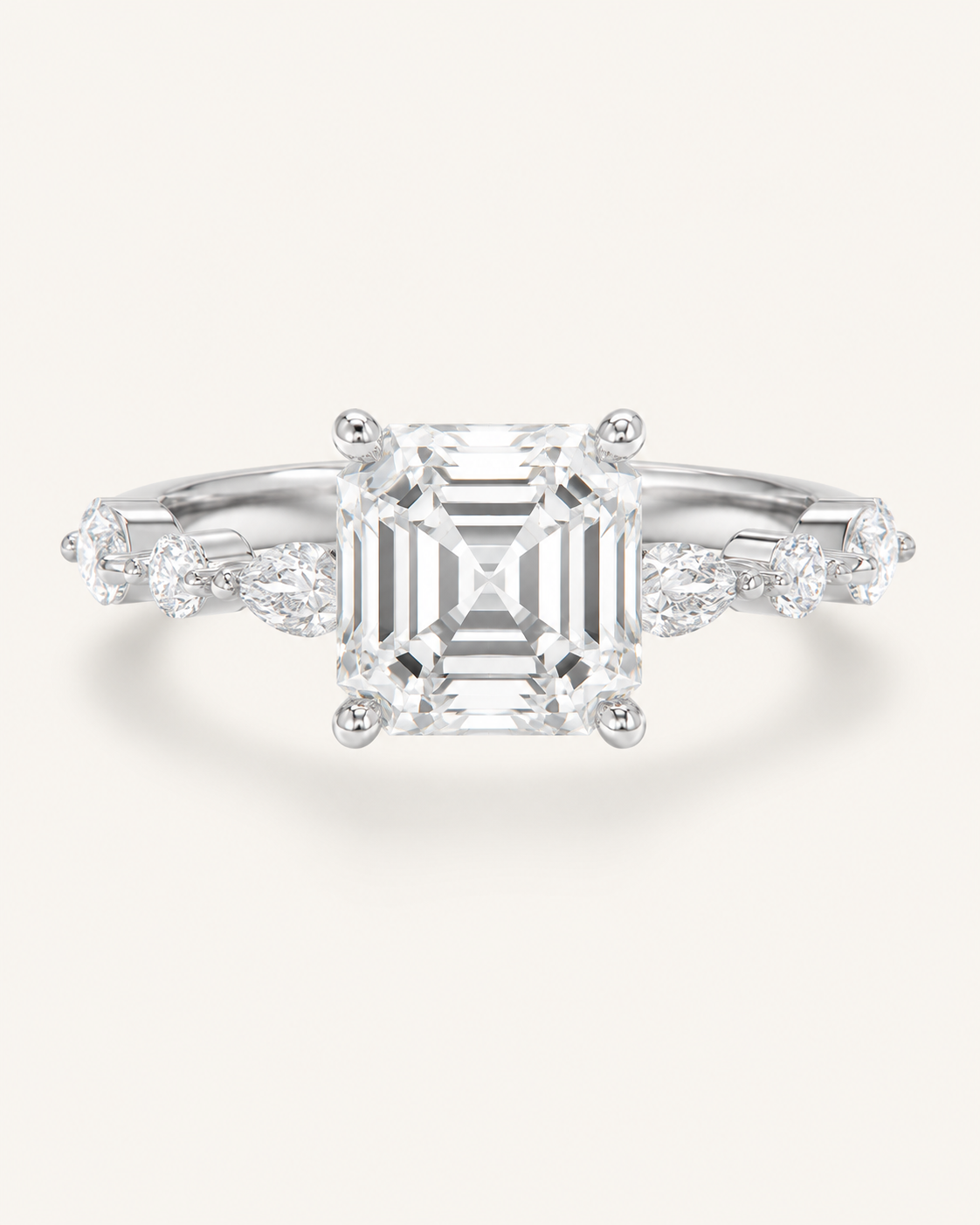 Elmivra Marquise Side Stone Asscher lab-grown diamond ring in 18K White Gold front