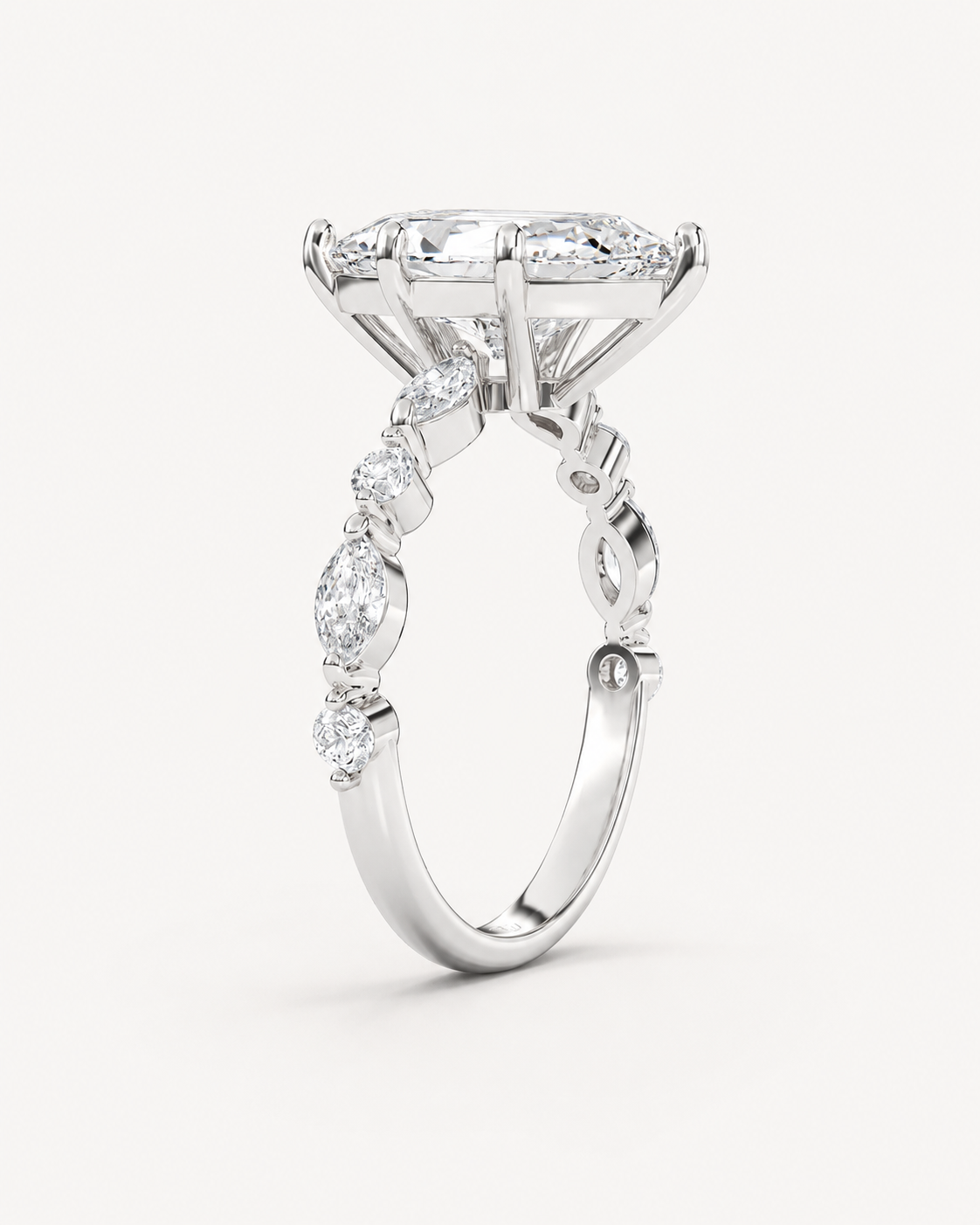 Elmivra Marquise Side Stone Asscher lab-grown diamond ring in 18K White Gold side