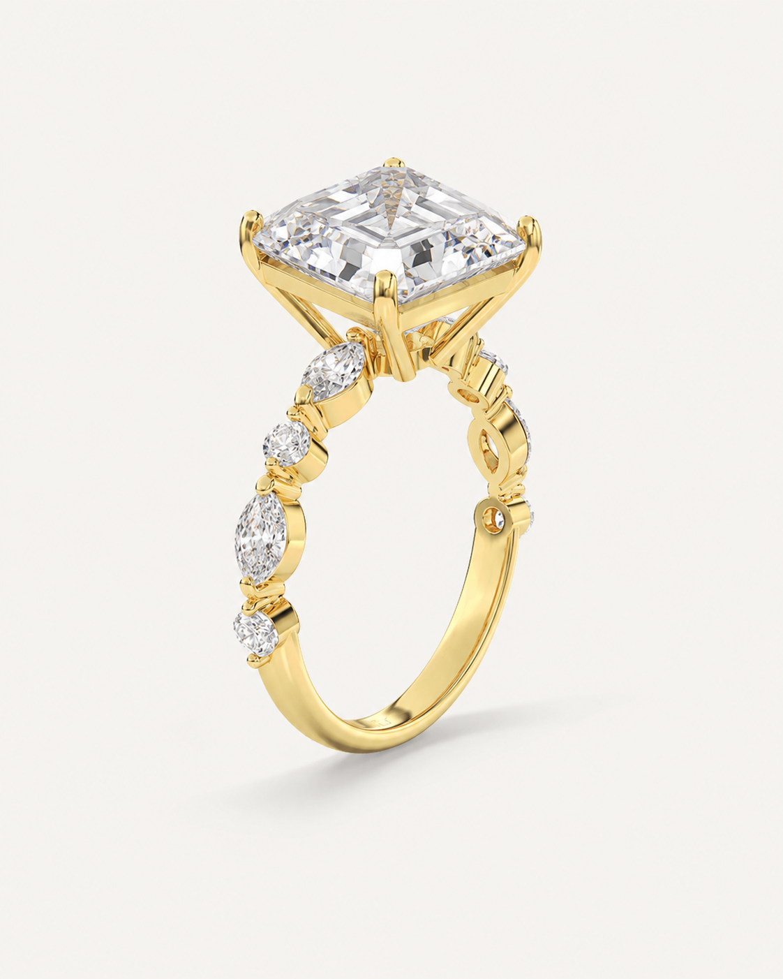 Elmivra Marquise Side Stone Asscher lab-grown diamond ring in 18K Yellow Gold angle