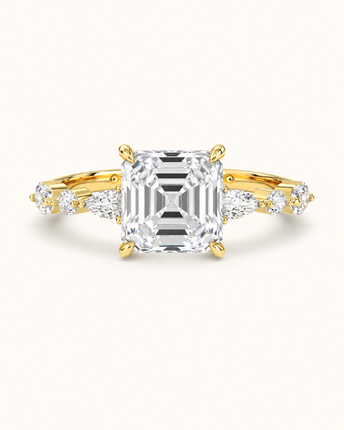 Elmivra Marquise Side Stone Asscher lab-grown diamond ring in 18K Yellow Gold front