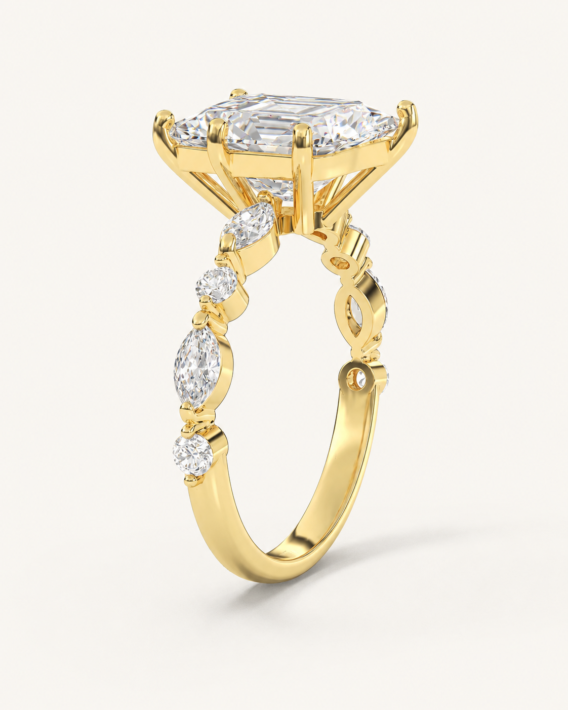 Elmivra Marquise Side Stone Asscher lab-grown diamond ring in 18K Yellow Gold side