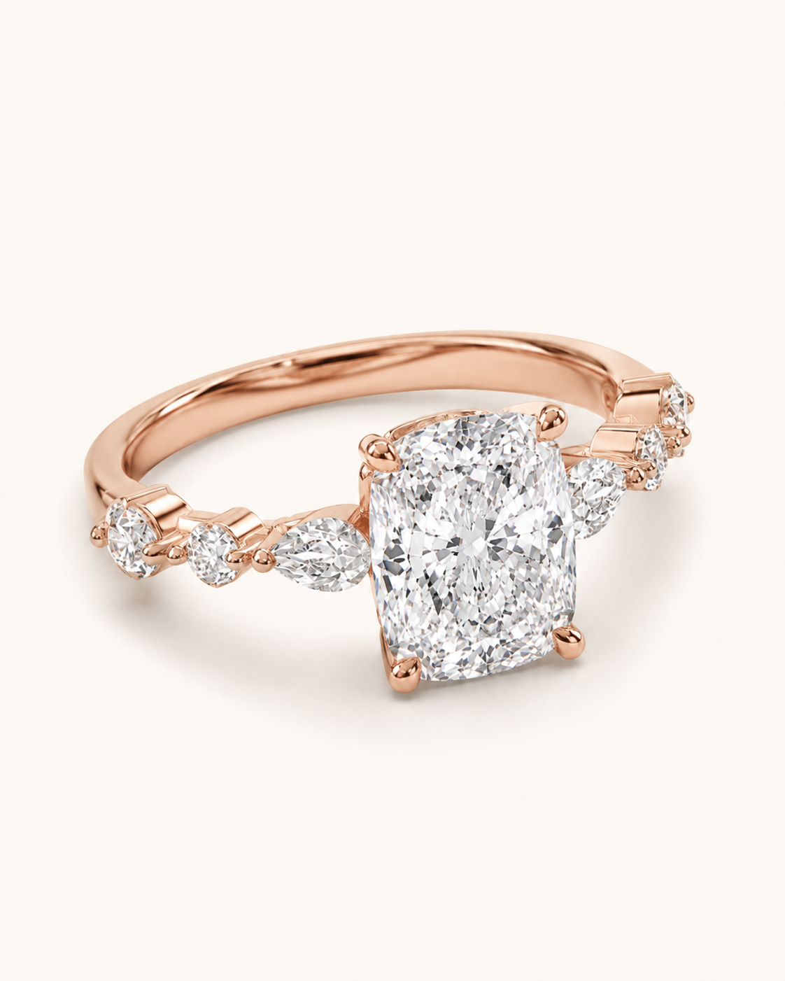 Elmivra Marquise Side Stone Cushion lab-grown diamond ring in 18K Rose Gold angle