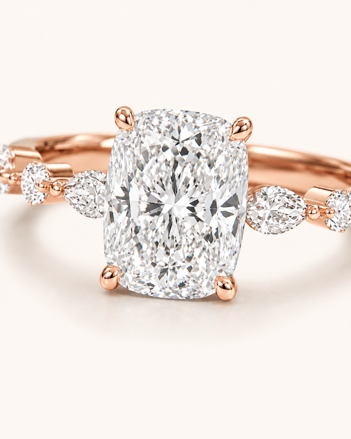 Elmivra Marquise Side Stone Cushion lab-grown diamond ring in 18K Rose Gold closeup