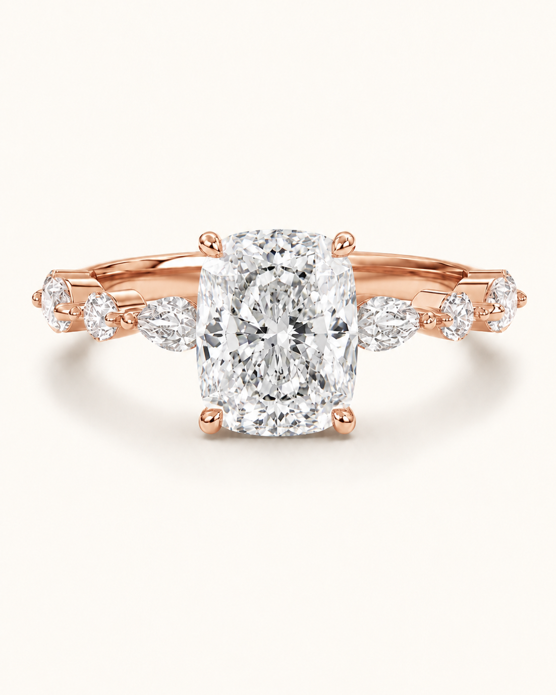 Elmivra Marquise Side Stone Cushion lab-grown diamond ring in 18K Rose Gold front