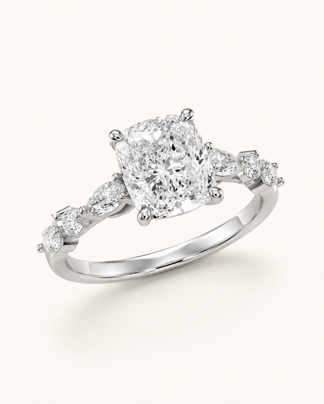 Elmivra Marquise Side Stone Cushion lab-grown diamond ring in 18K White Gold angle
