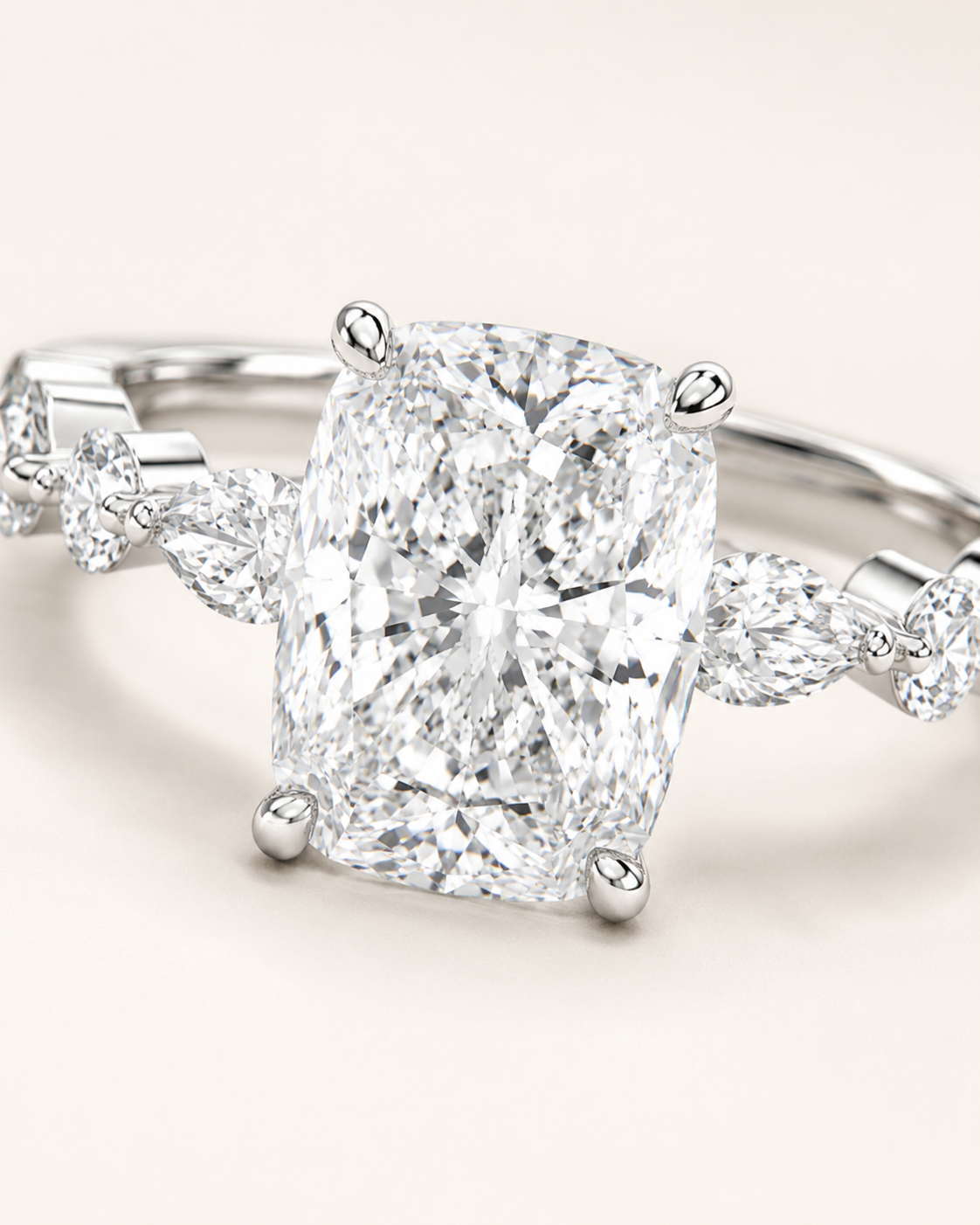 Elmivra Marquise Side Stone Cushion lab-grown diamond ring in 18K White Gold closeup