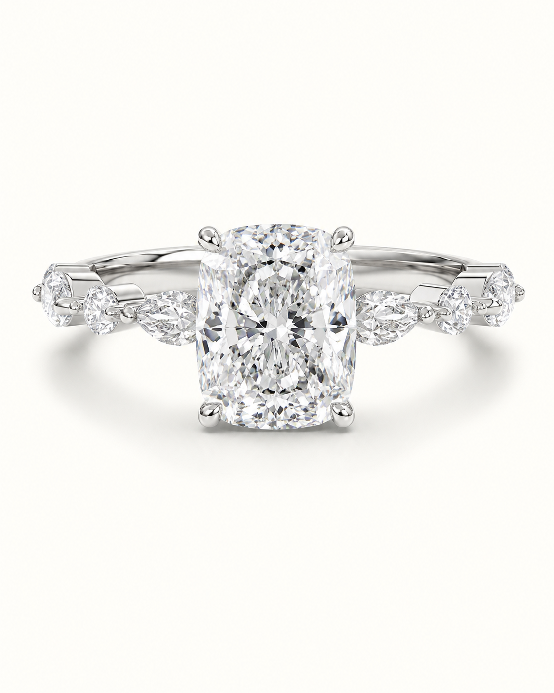 Elmivra Marquise Side Stone Cushion lab-grown diamond ring in 18K White Gold front