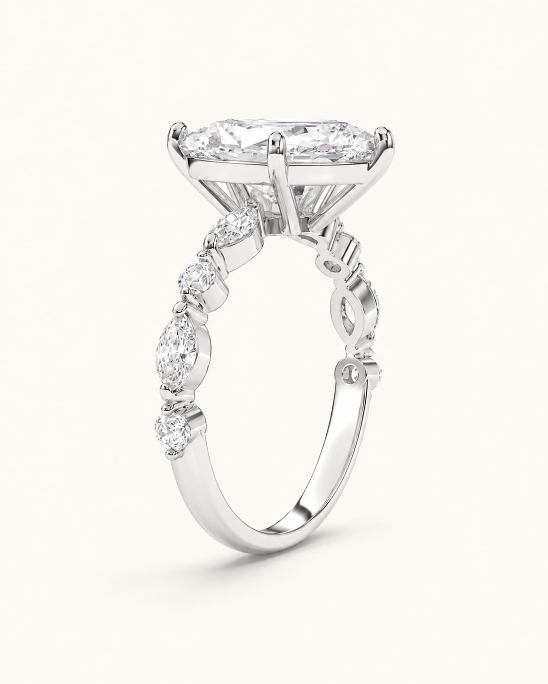 Elmivra Marquise Side Stone Cushion lab-grown diamond ring in 18K White Gold side